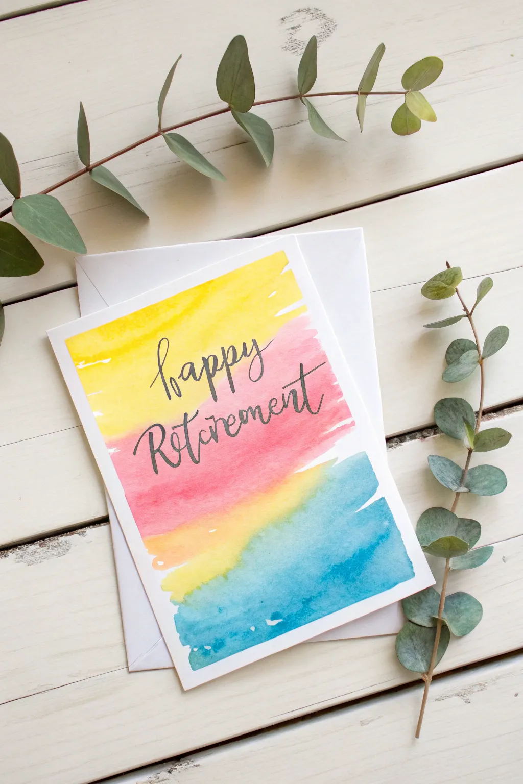 Craft a joyful retirement card with vibrant watercolors and minimalist charm.