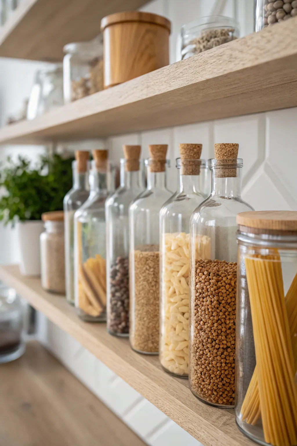 Transform your pantry into a chic storage haven with reused glass bottles. Embrace simplicity and natural beauty!