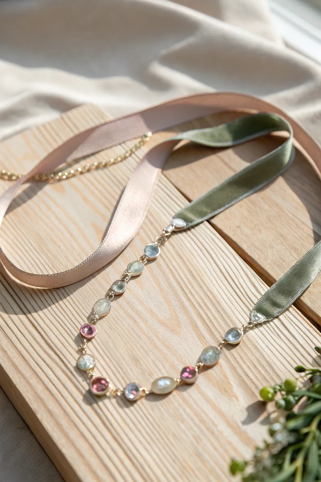 Discover the allure of simplicity with a gemstone-embellished ribbon necklace, where minimalist design meets a touch of sparkle.