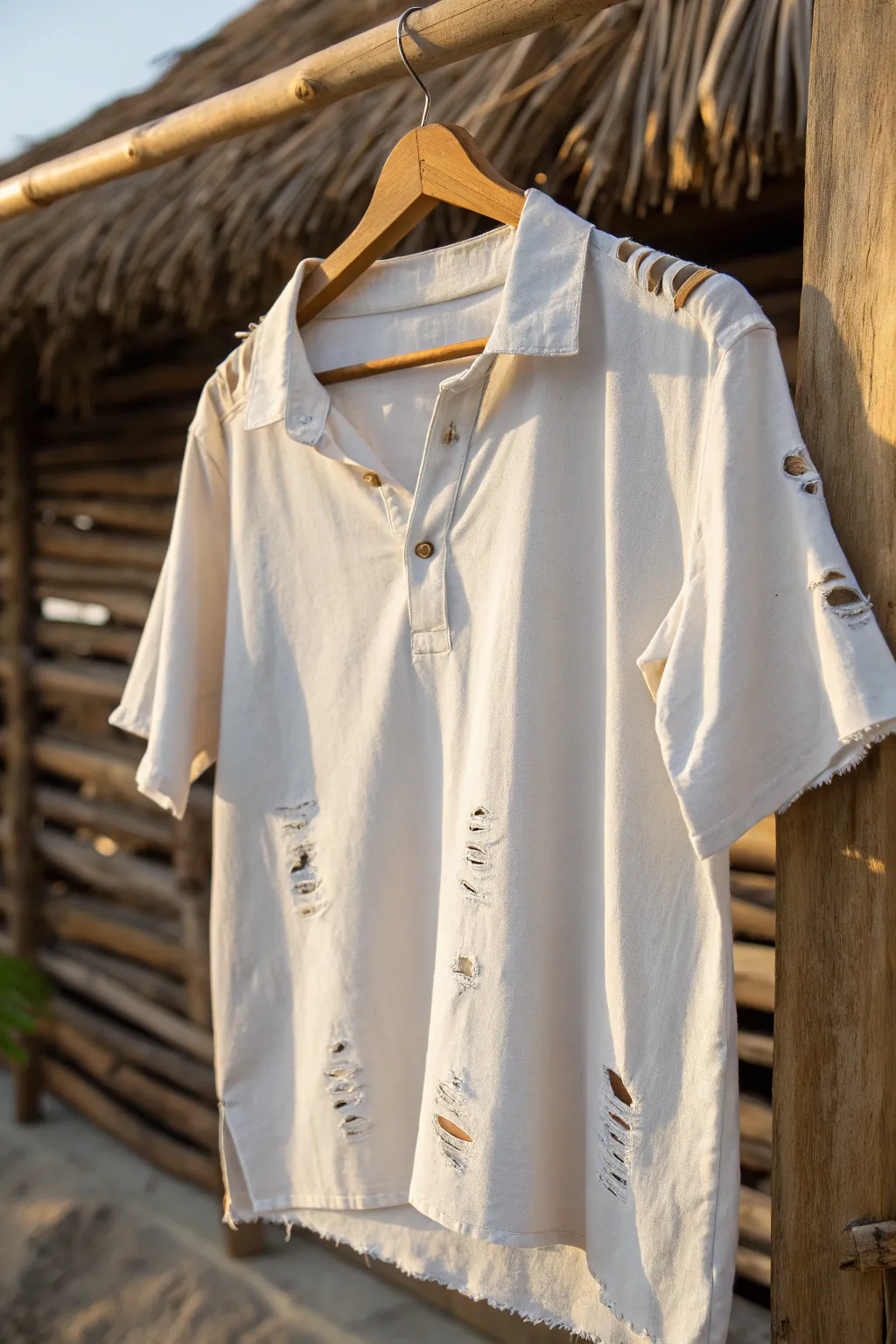 Redefine casual with this effortlessly cool off-shoulder ripped shirt look.