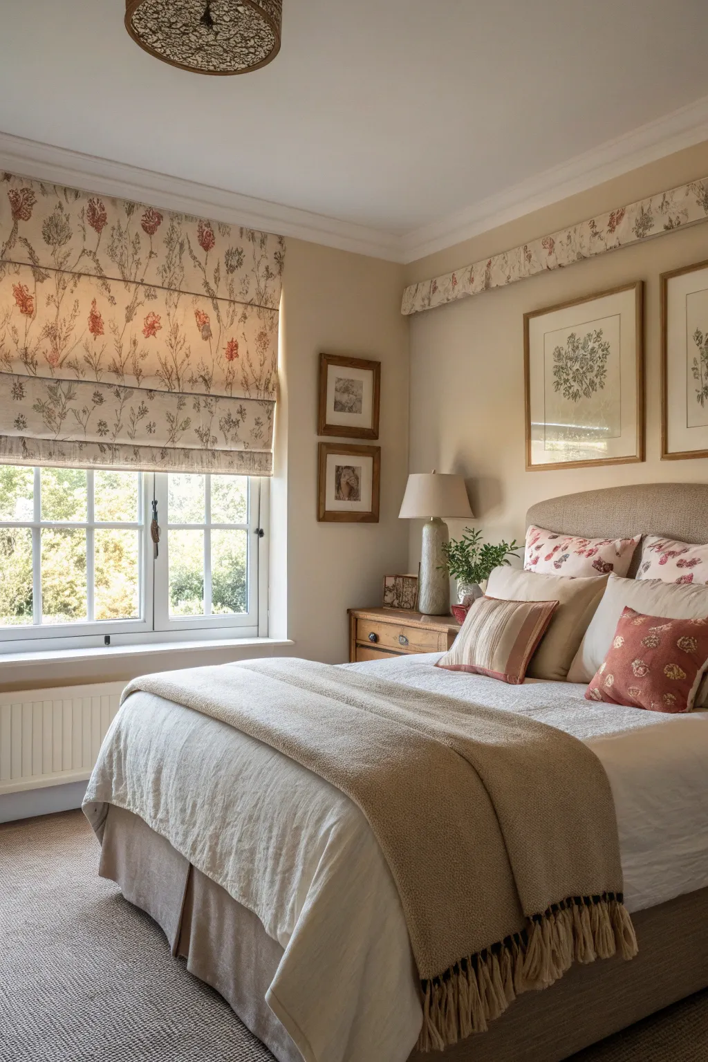 Soft patterns create a relaxing retreat in this bedroom.