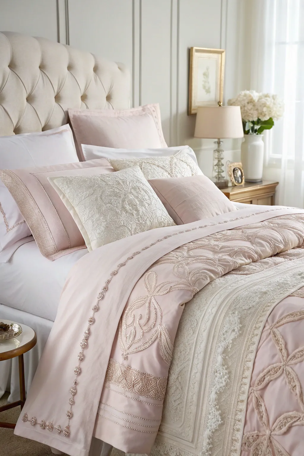 Luxurious bedding enhances comfort and romance.