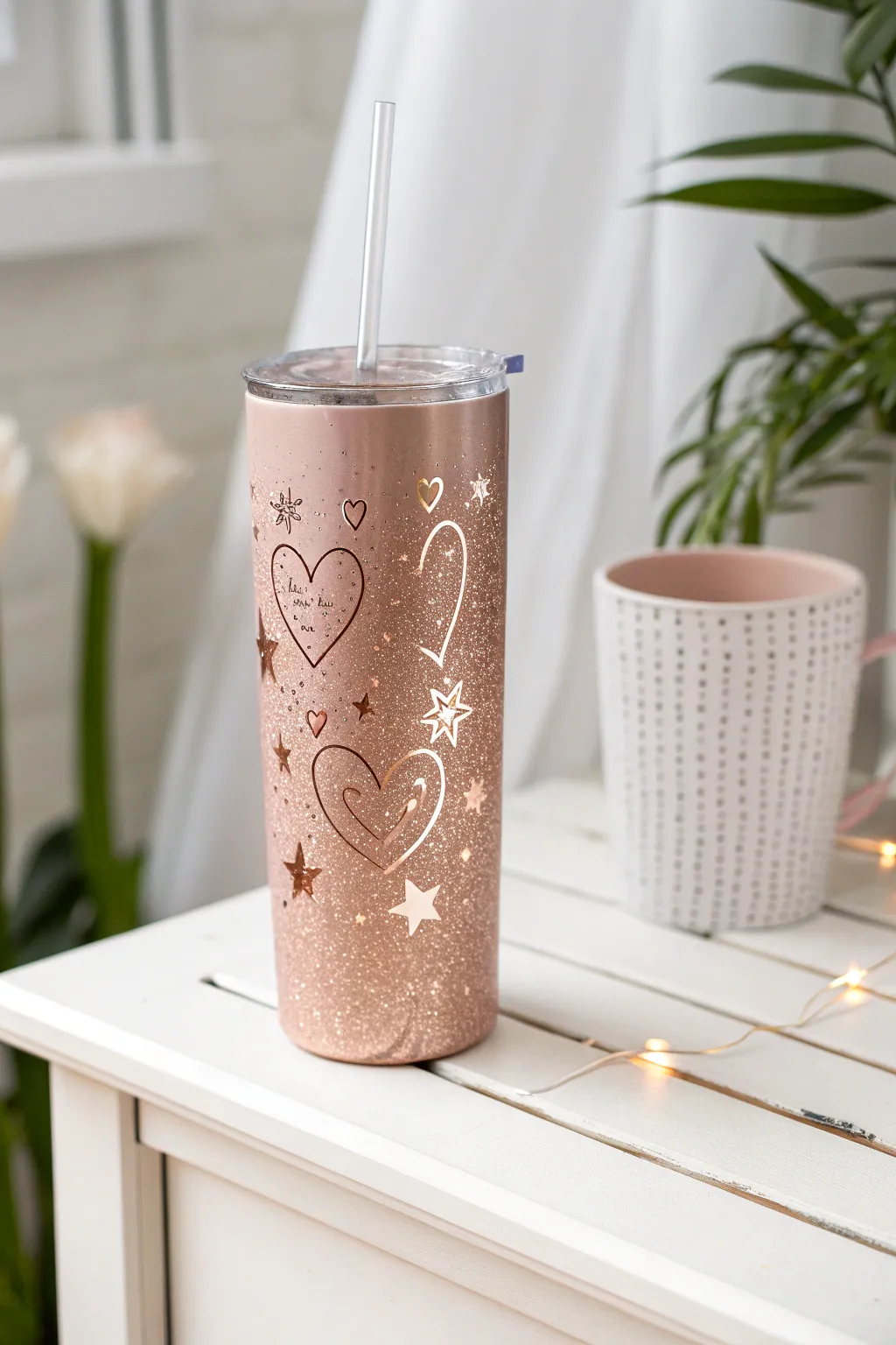 Elevate your style with a touch of whimsy: Discover the magic of rose gold glitter tumblers with heartfelt patterns.