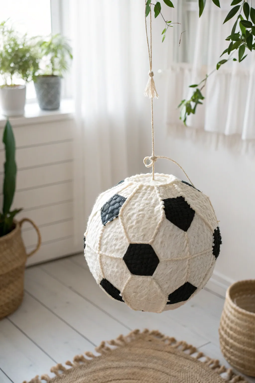 Score a goal with this beautifully crafted soccer ball pinata – the perfect centerpiece for your next celebration!