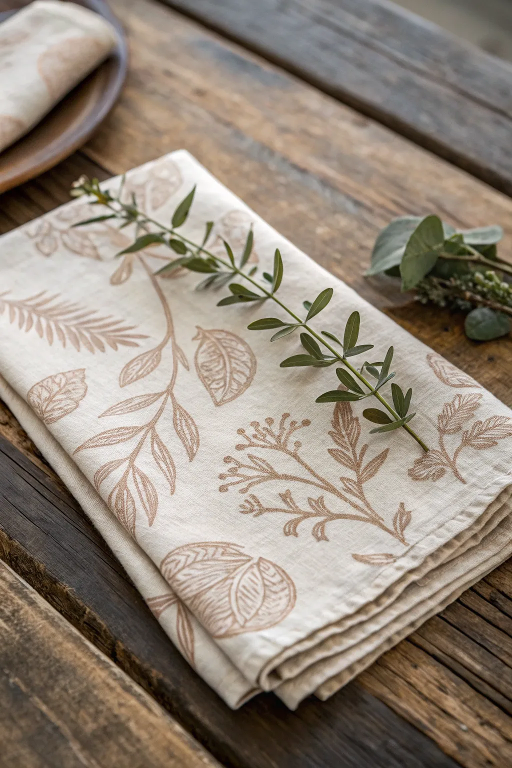 Elevate your dining experience with hand-stamped botanical napkins that bring a touch of nature to your table.