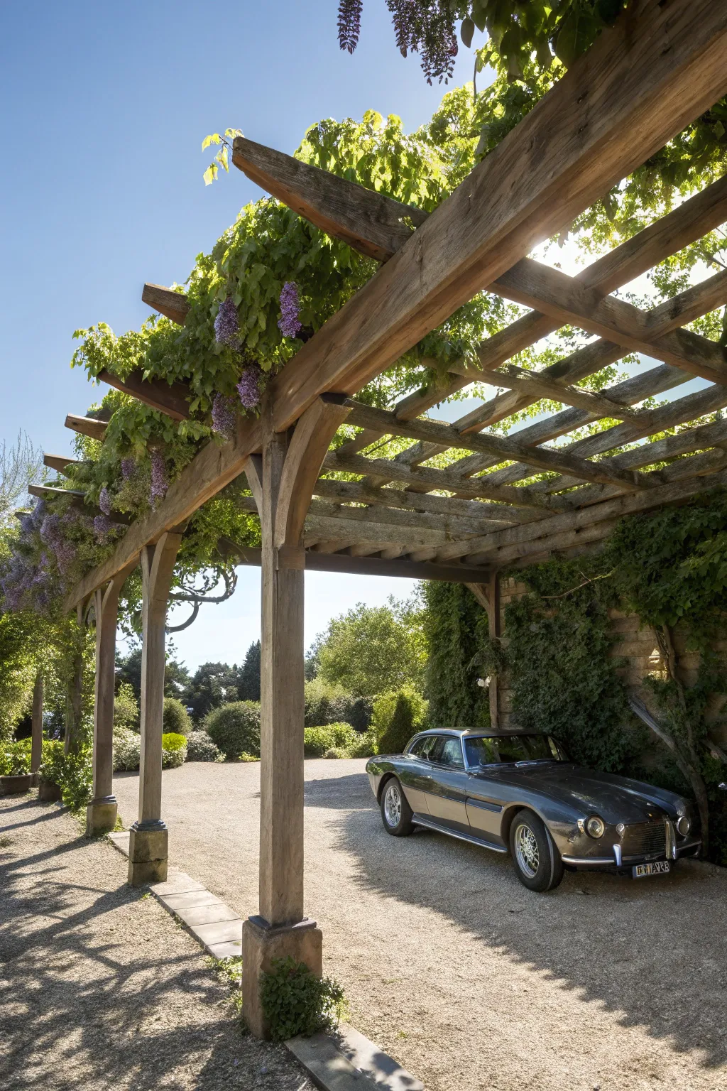 Park in style under nature's canopy with a pergola carport.