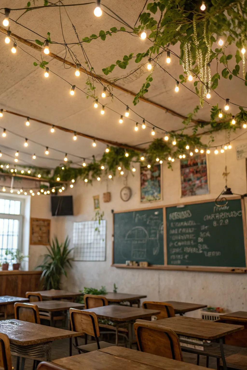 String lights create a magical and cozy atmosphere.