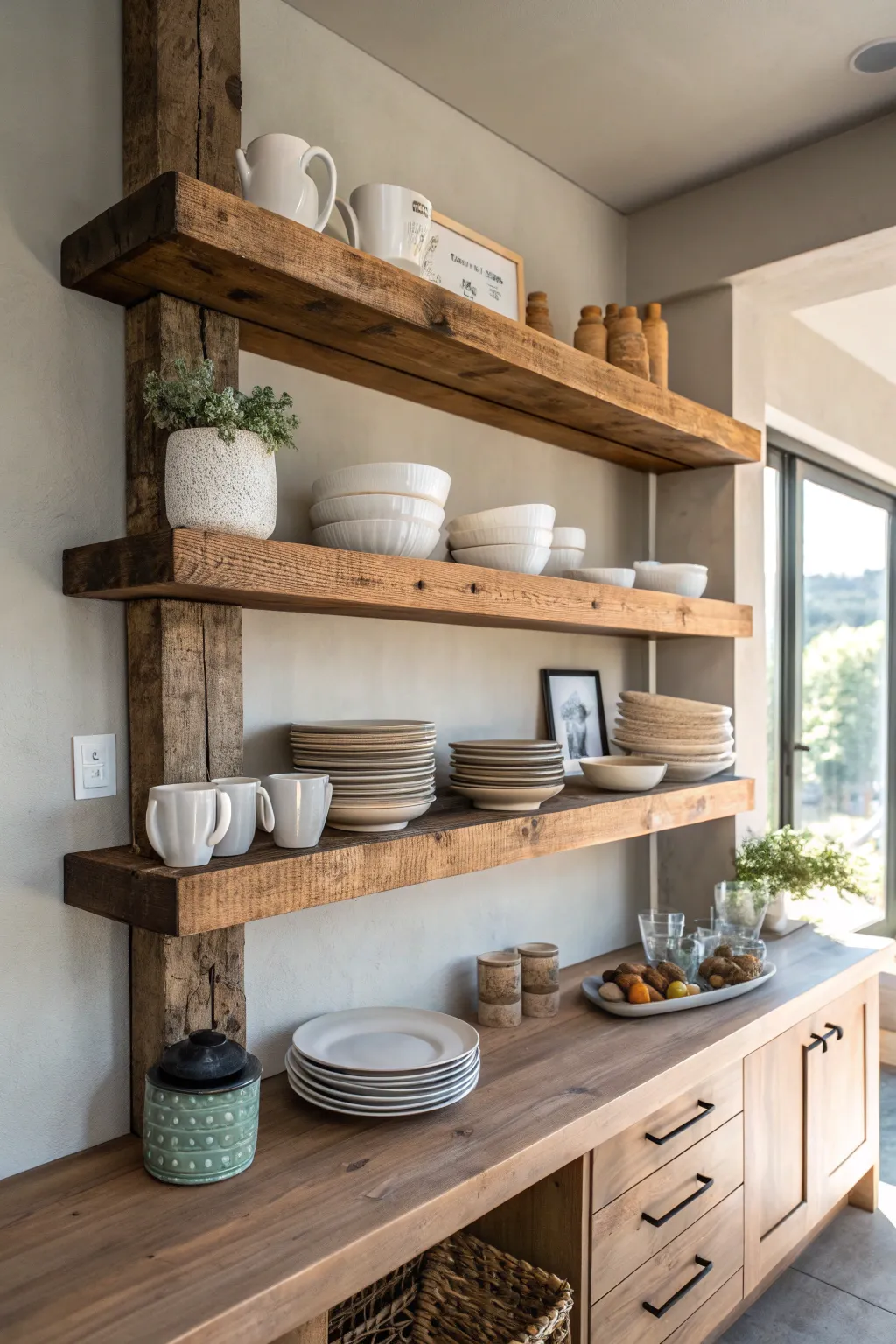 Transform your kitchen into a cozy haven with rustic open shelving that showcases your finest dishware.