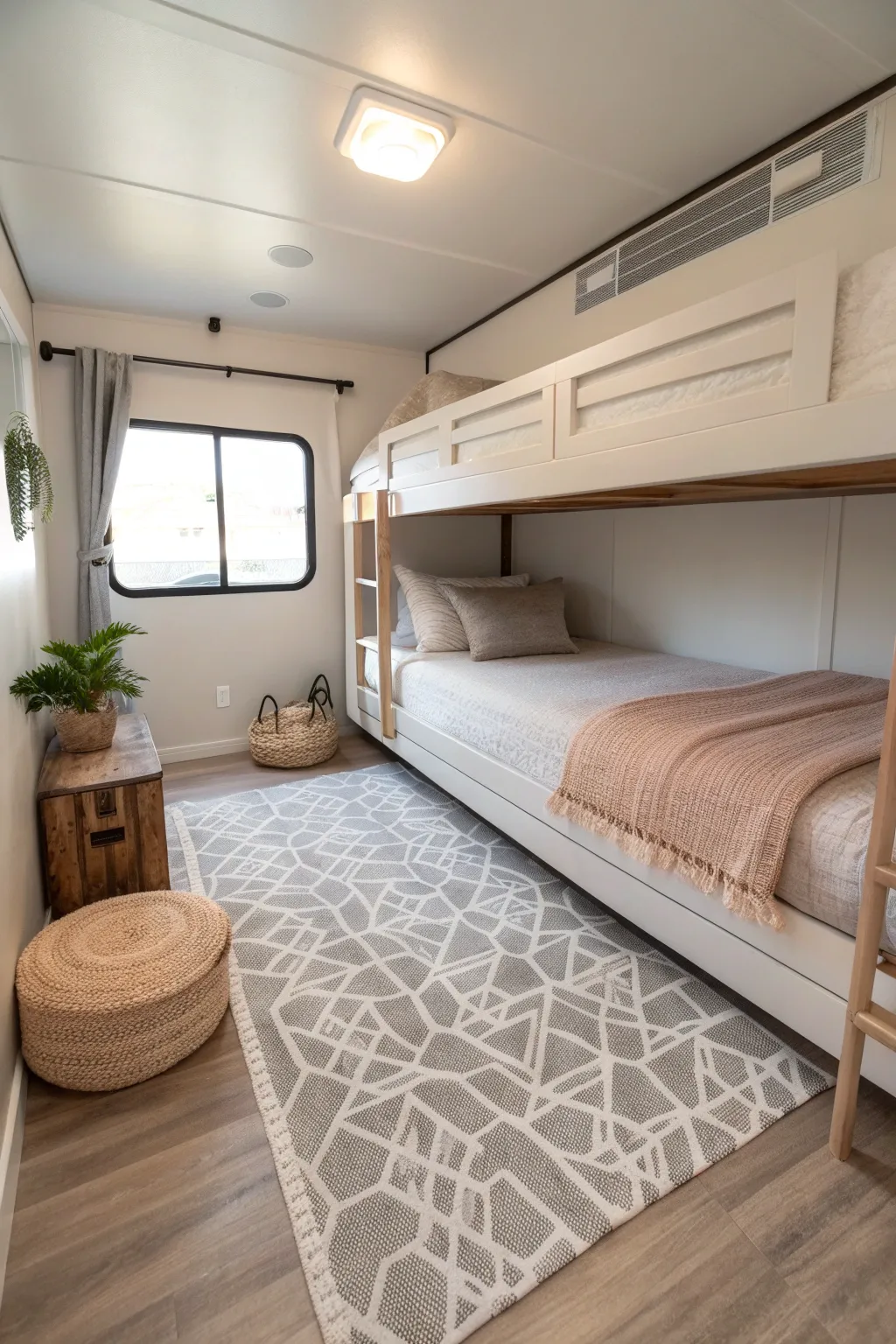 Transform your RV bunk room with sleek lines and a touch of Boho. Simplicity meets style.