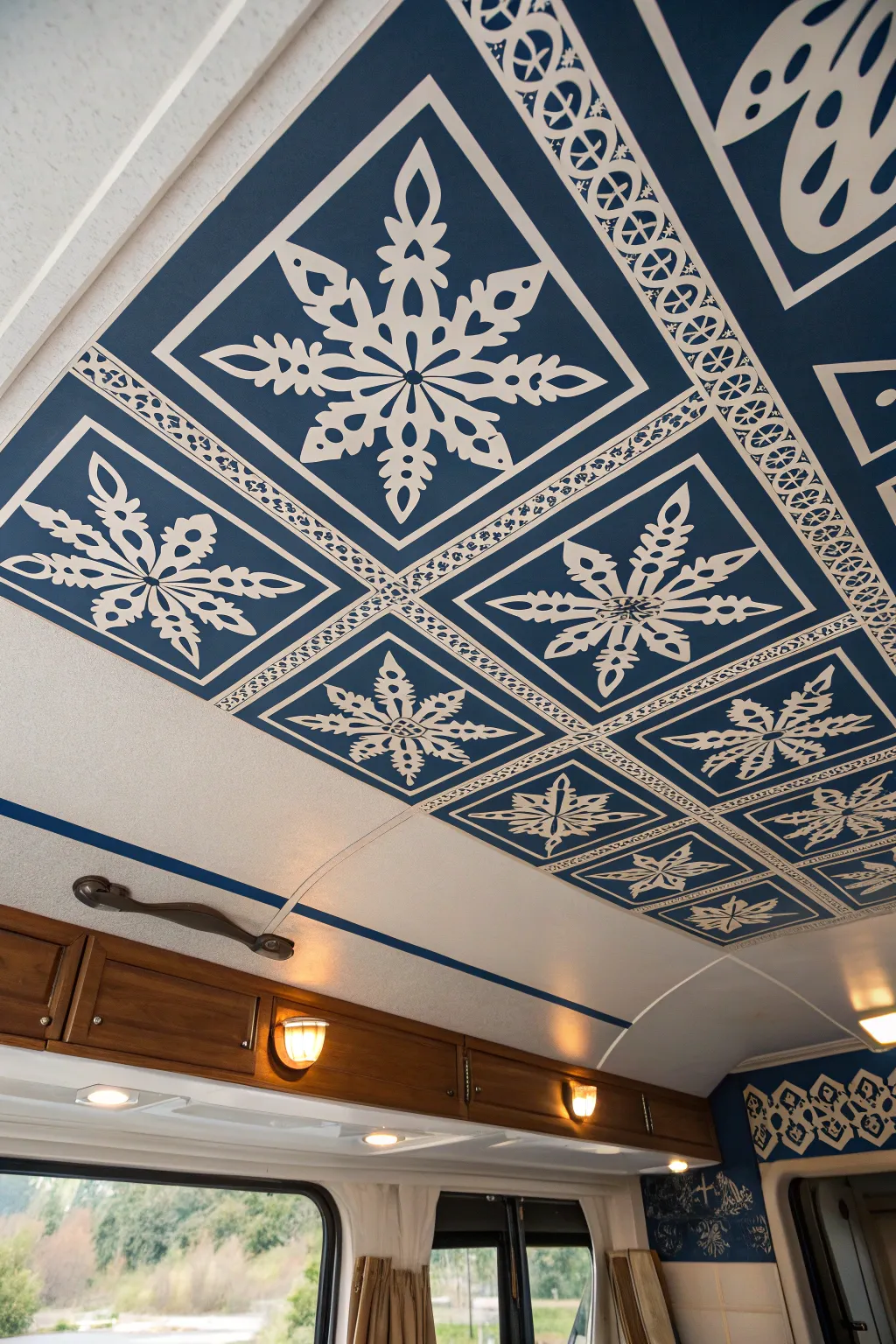 Transform your RV ceiling into a masterpiece with stunning stenciled patterns.