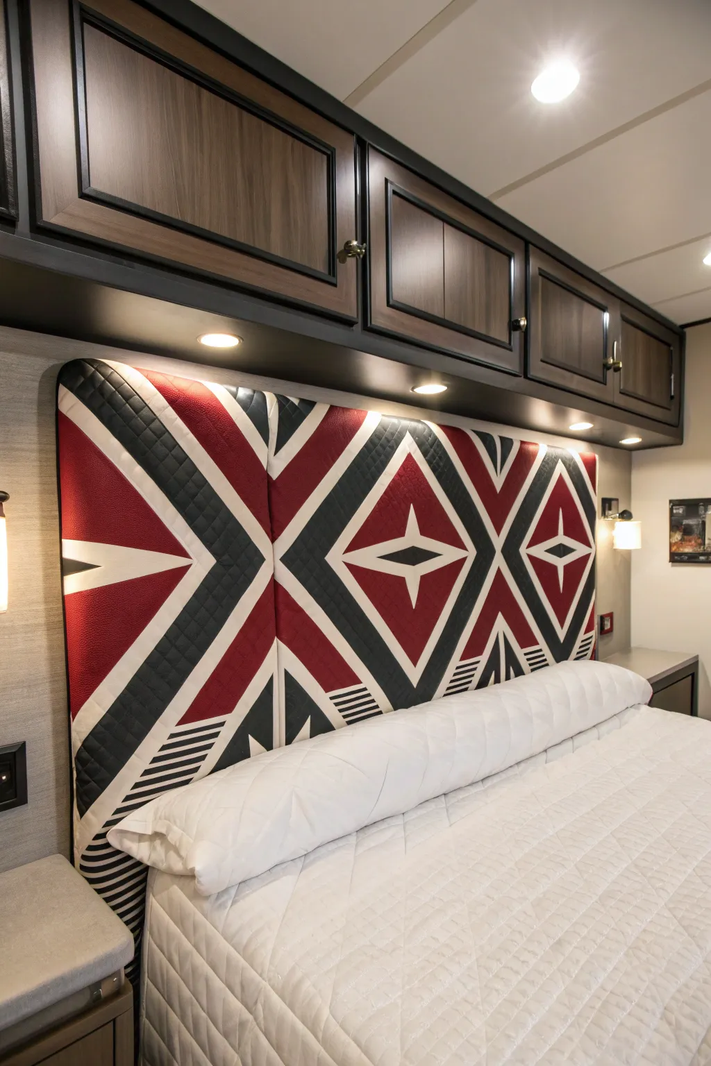 Transform your RV interior with a bold geometric headboard design that speaks volumes.