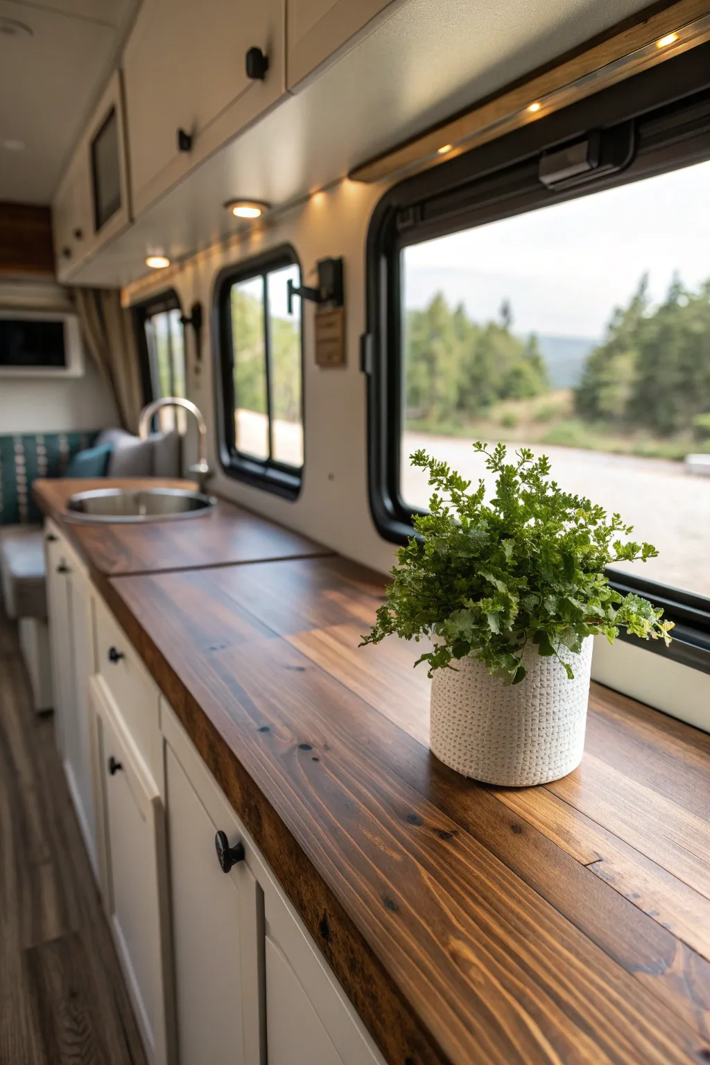 Transform your RV with natural accents: a touch of wood and greenery for warmth and style.