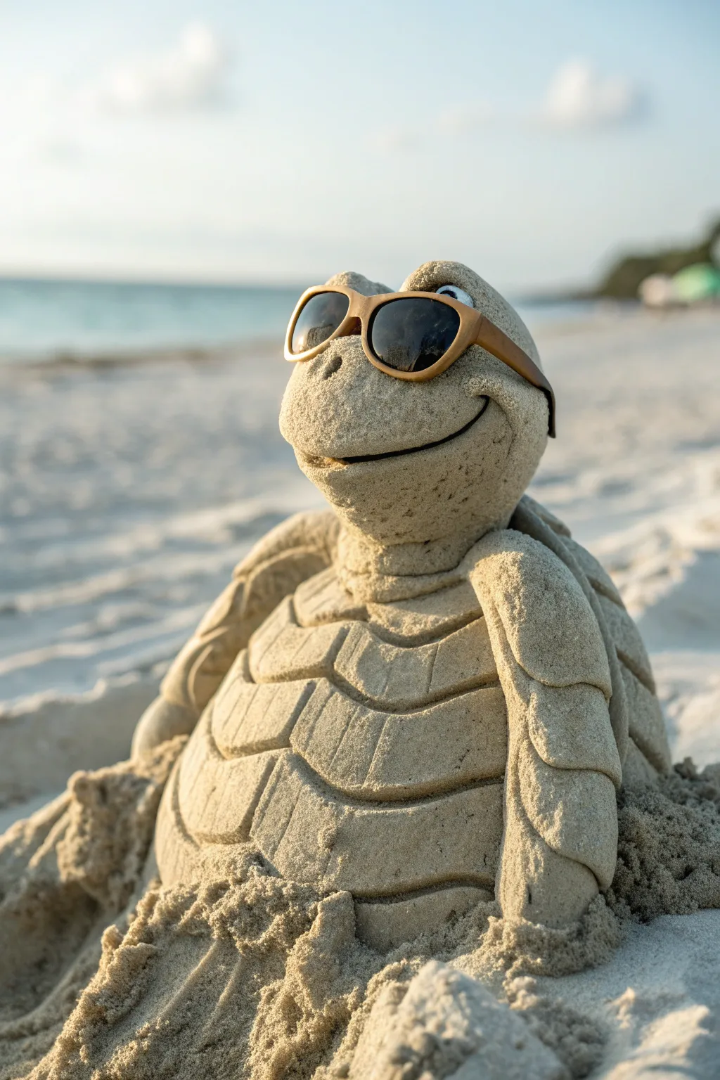 Bring a smile to your day with this charming sand sculpture—where whimsy meets craftsmanship in a beachy paradise.