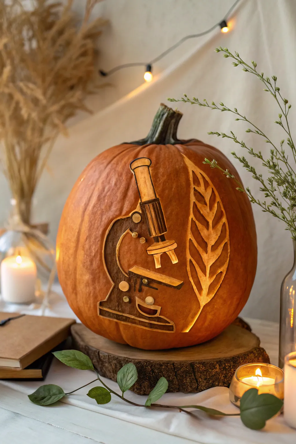 Discover the tiny wonders of science with this beautifully carved microscope pumpkin, a perfect blend of craftsmanship and natural beauty.