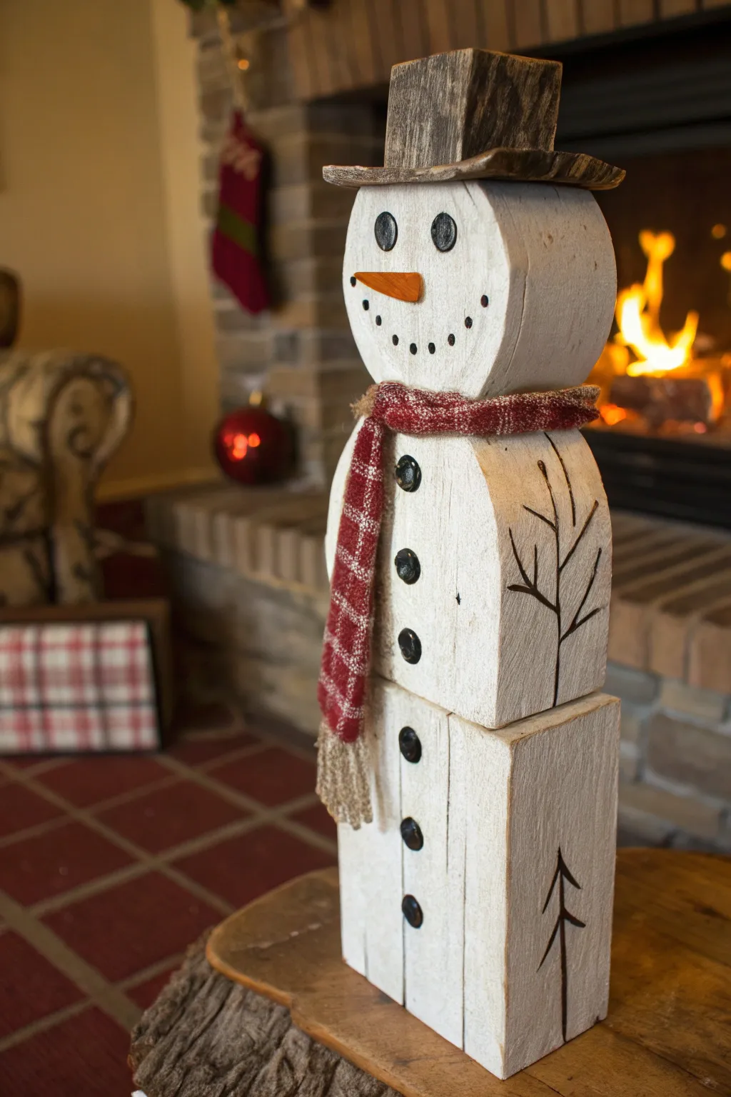 Bring a touch of rustic winter charm indoors with handcrafted wooden snowmen.