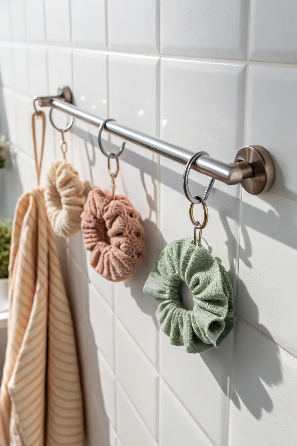 Elevate your scrunchie storage with a chic and modern metal rod setup—perfect for a minimalist aesthetic with a boho twist.