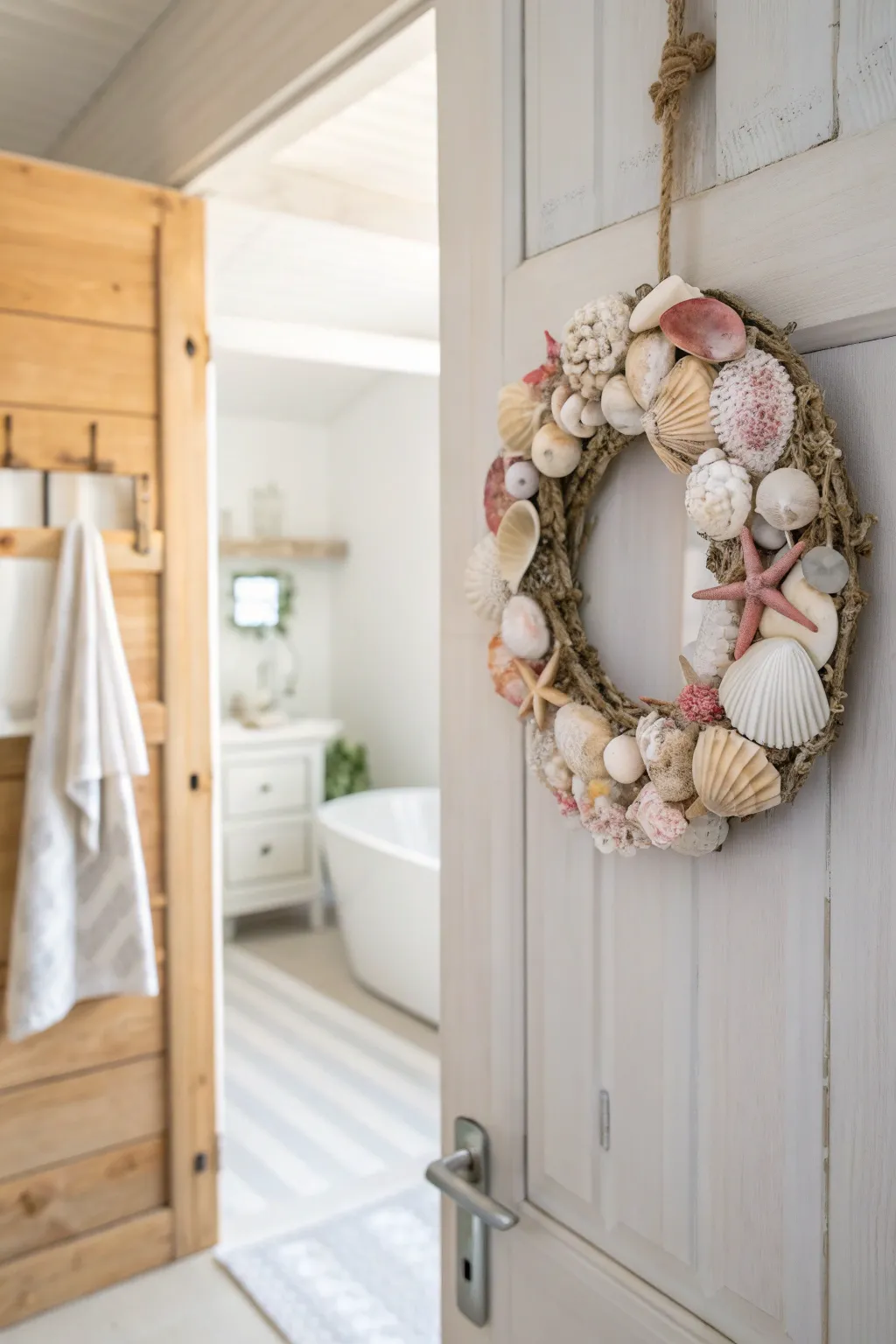 Bring a touch of the ocean to your bathroom with this elegant seashell wreath.