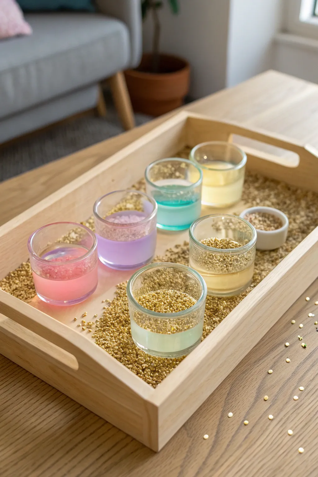 Unleash the magic of creativity with enchanting potion mixes in a minimalist sensory bin!
