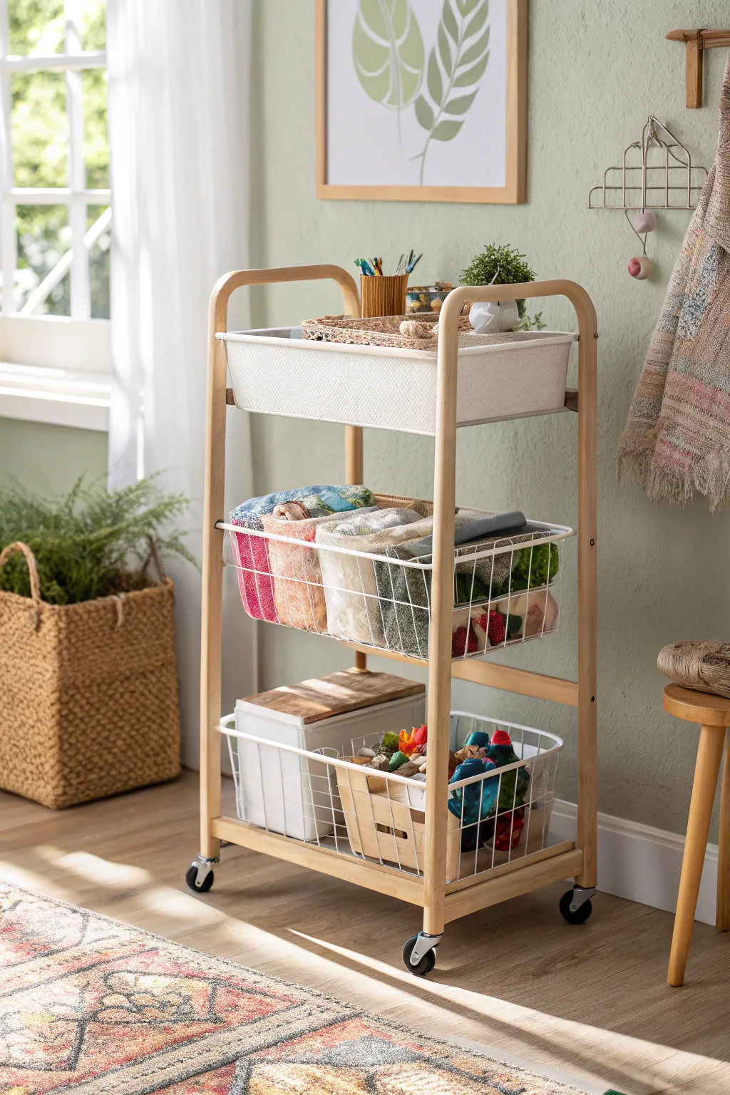 Sew in style with this chic rolling cart—your portable crafting companion!
