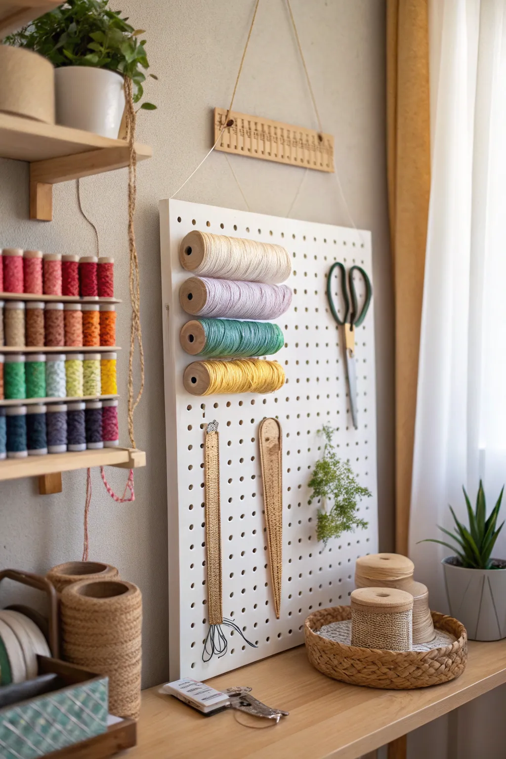 Elevate your sewing space with a chic pegboard display that combines functionality and artistic flair.
