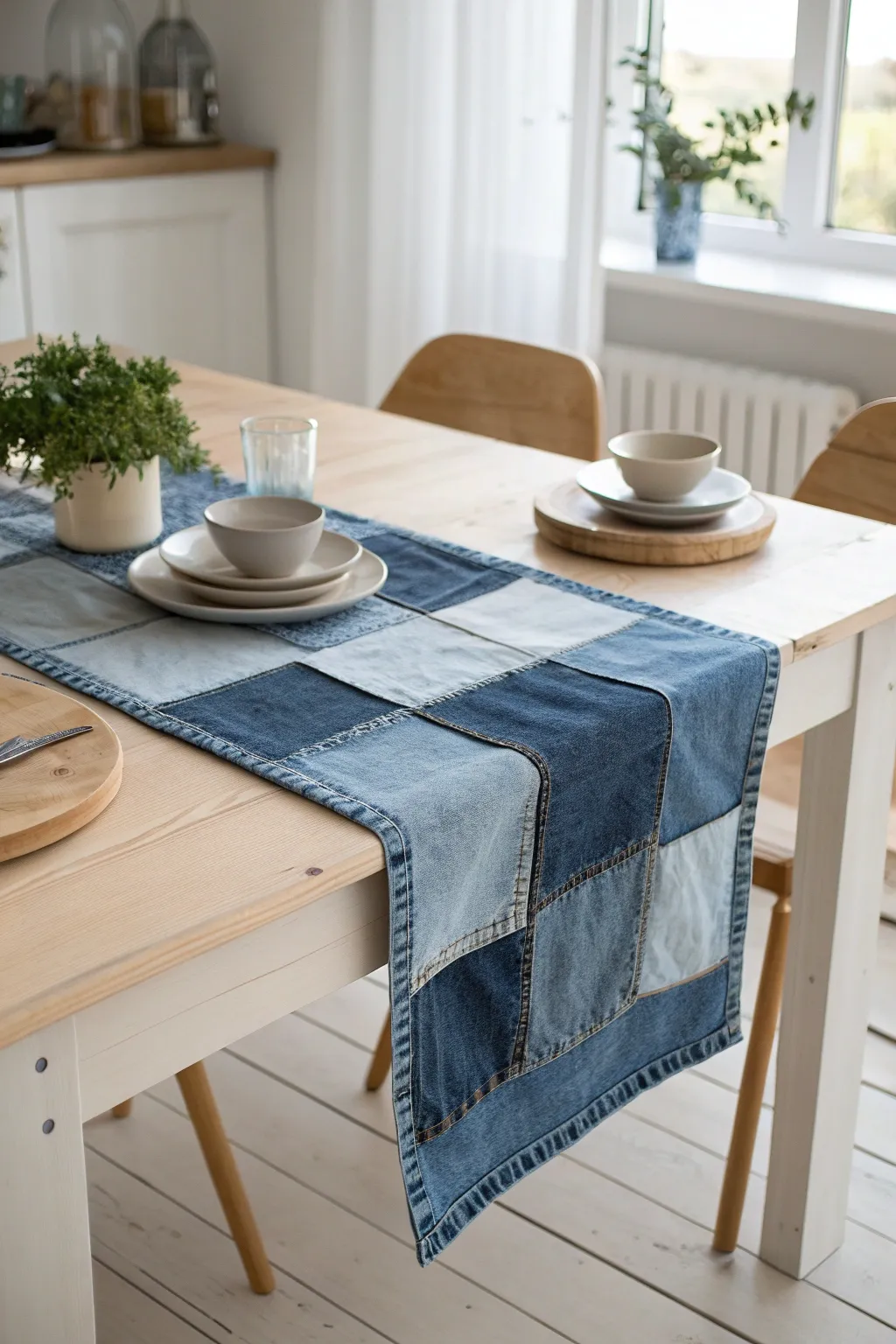 Add a touch of rustic charm with an upcycled denim table runner, perfect for Scandinavian minimalism with a boho twist.