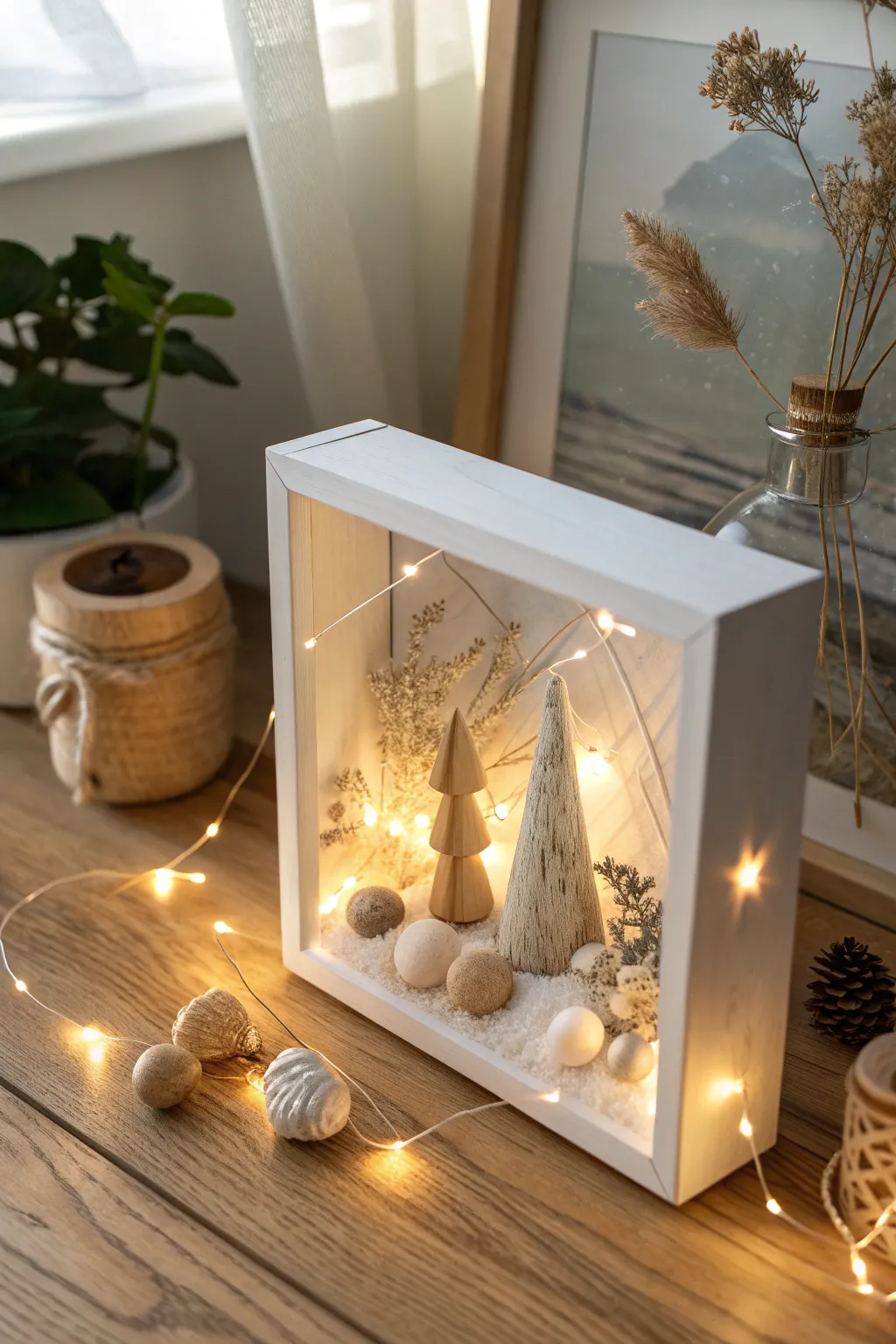 Enchant your space with a magical glow: Fairy lights transform this shadow box into a cozy masterpiece.