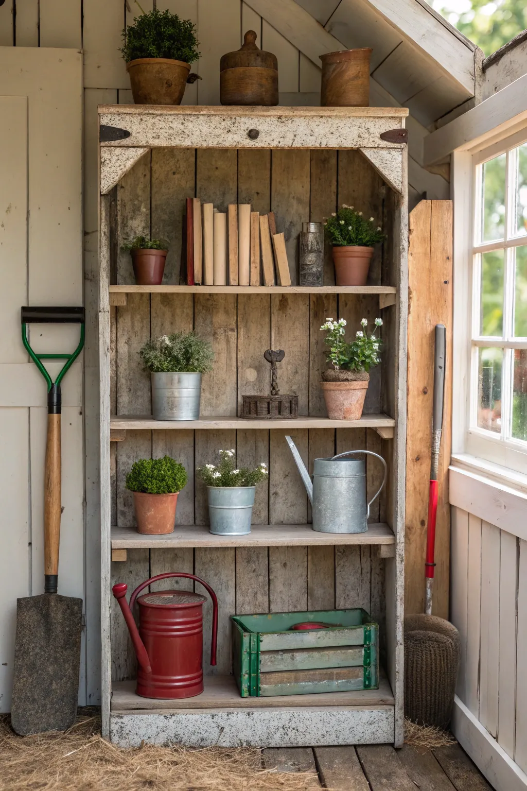 Transform your old bookshelf into a stylish storage solution for your shed.