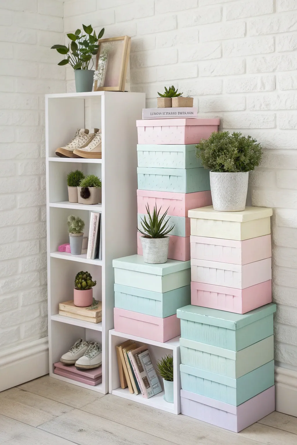 Transform your shoe boxes into a chic, minimalist bookshelf that adds a playful touch to your living space.