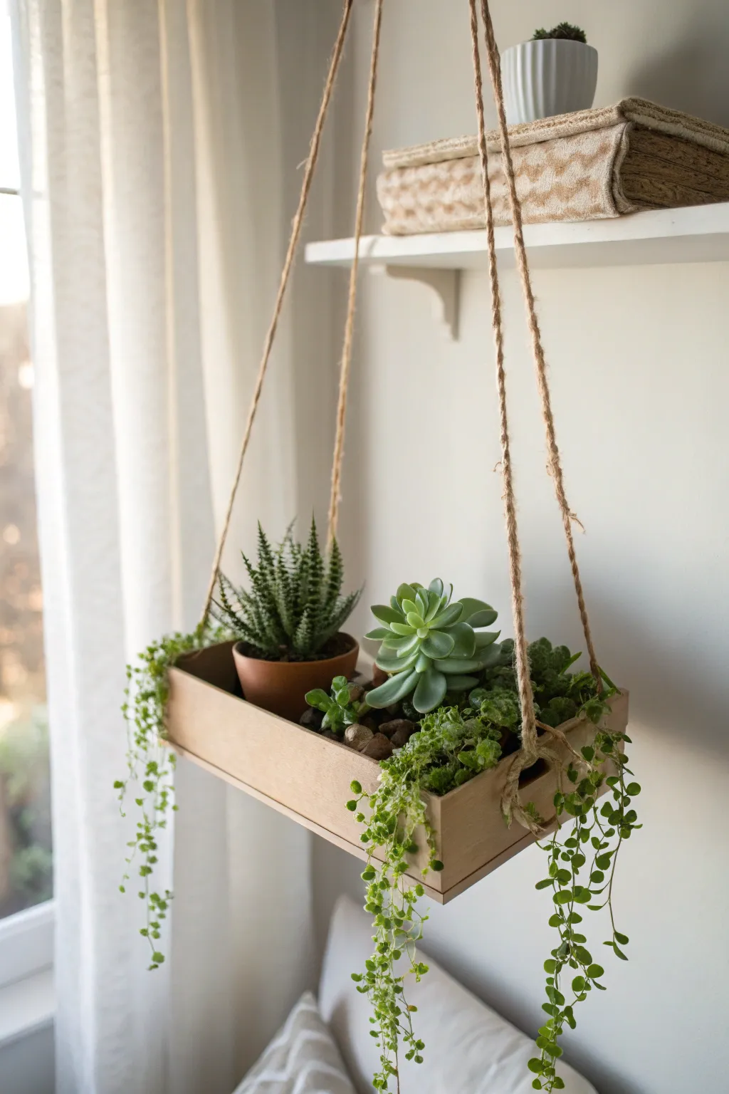 Elevate your space with a touch of green elegance – a charming shoebox hanging garden for your home.