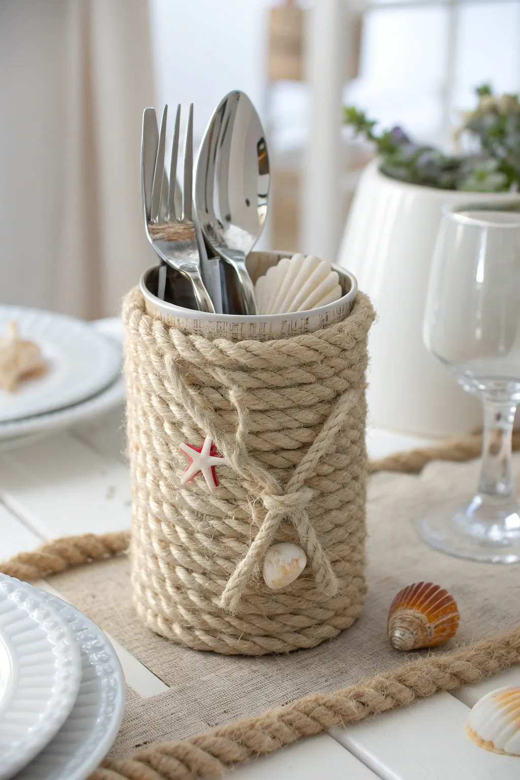 Elevate your beach party setup with nautical rope and seashell silverware holders – a touch of coastal elegance.