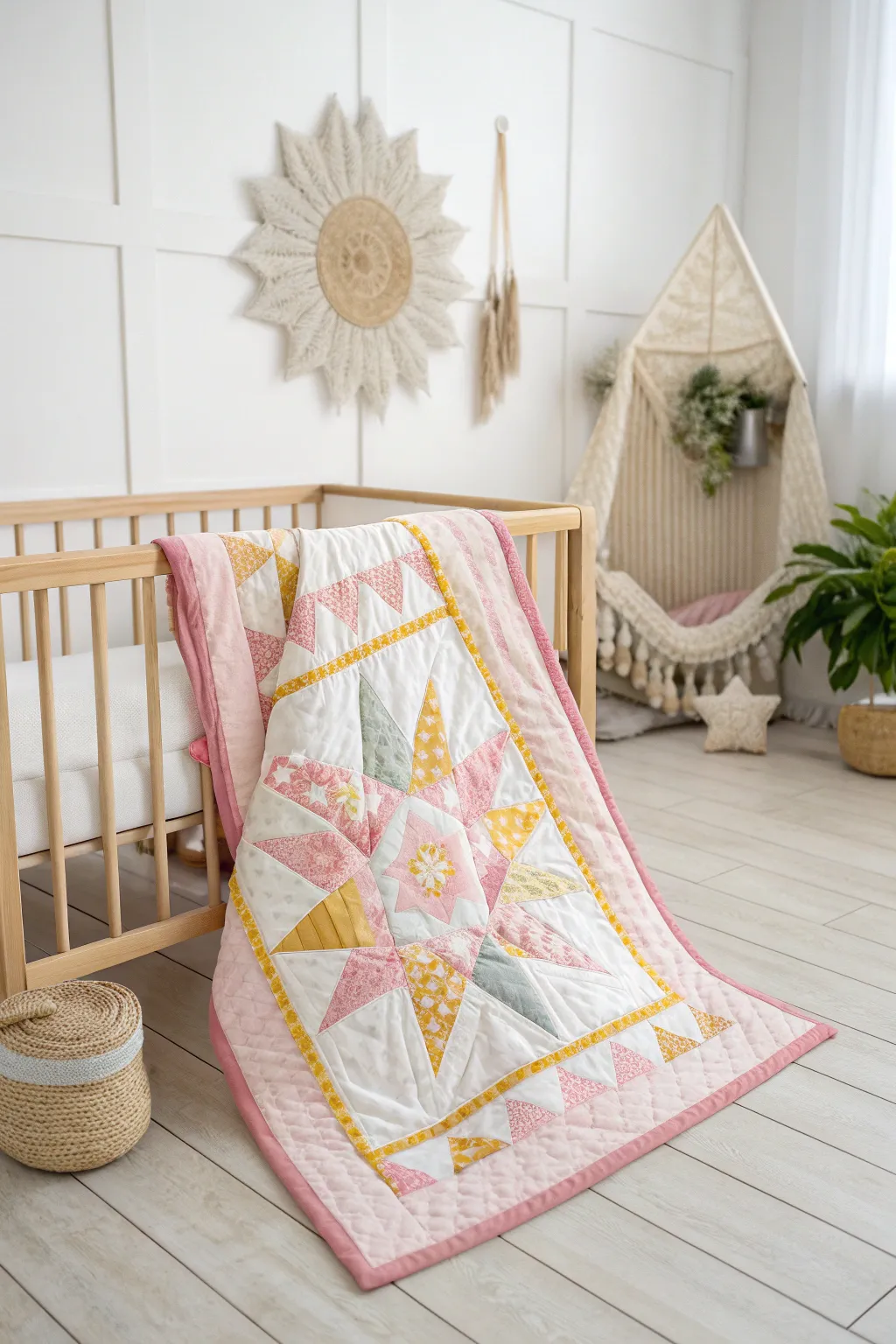 Add a burst of joy to your nursery with this charming starburst quilt.