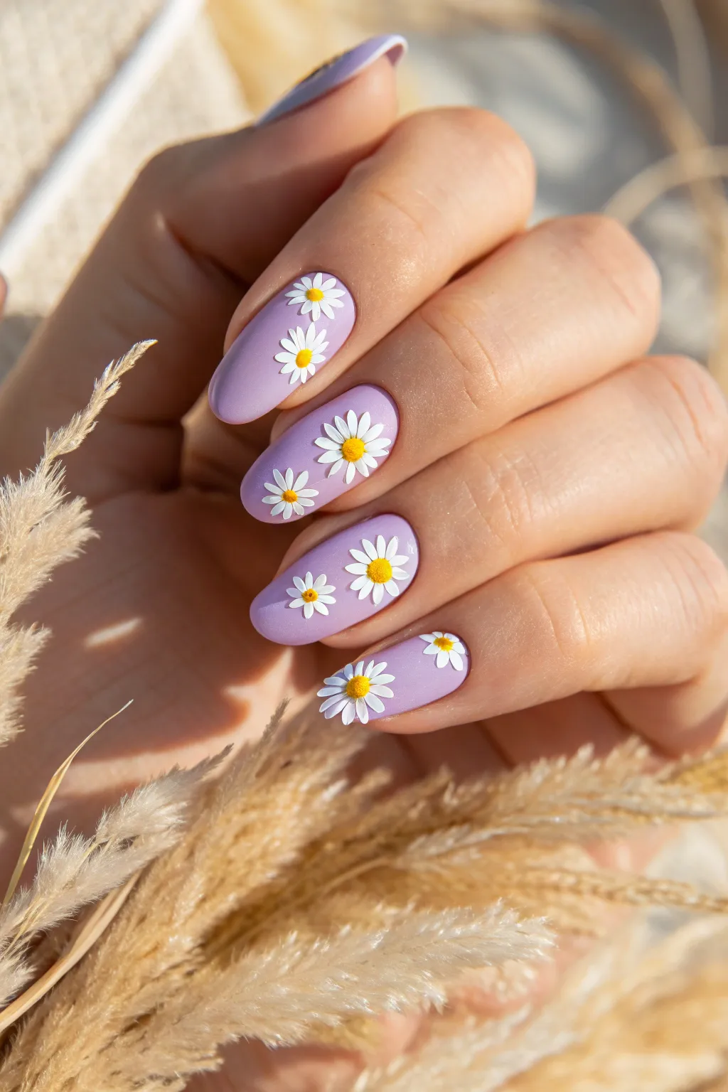 Embrace the essence of spring with Lavender Dreams: delicate daisy nail art against a serene lavender backdrop.