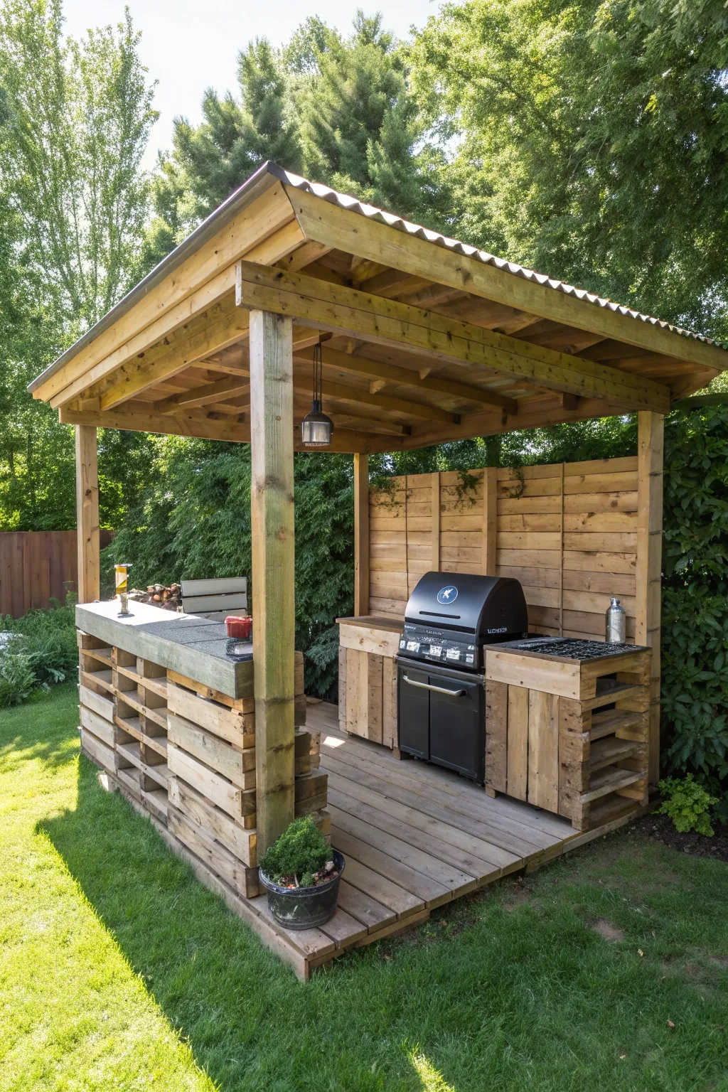 Transform your backyard with a DIY pallet wood pavilion - the perfect grill shelter for the stylish outdoorsman.