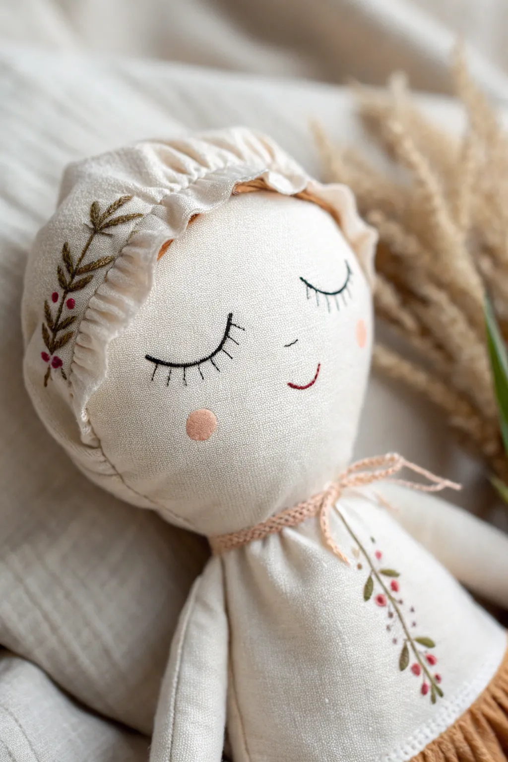 Delicate stitches bring simple doll faces to life with elegance and charm.
