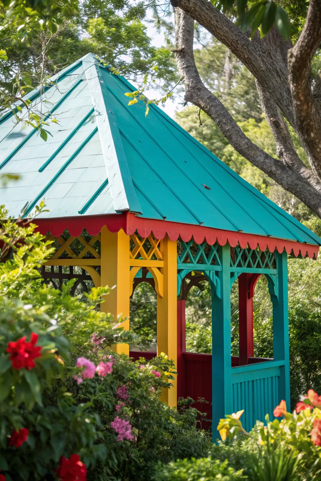 Transform your garden with a splash of color: a vibrant playhouse roof for a touch of whimsy.