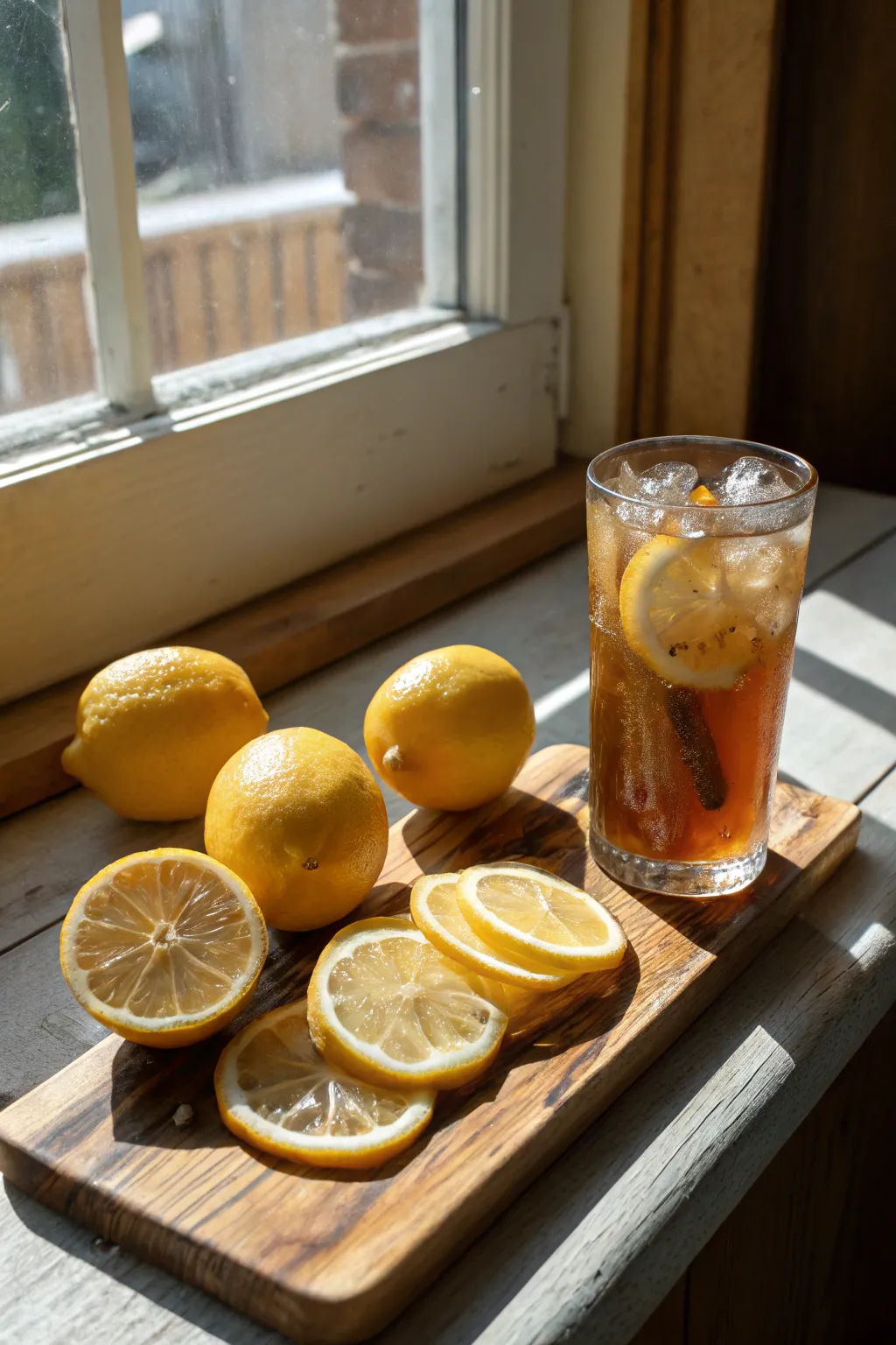 A refreshing summer scene with lemons and iced tea.