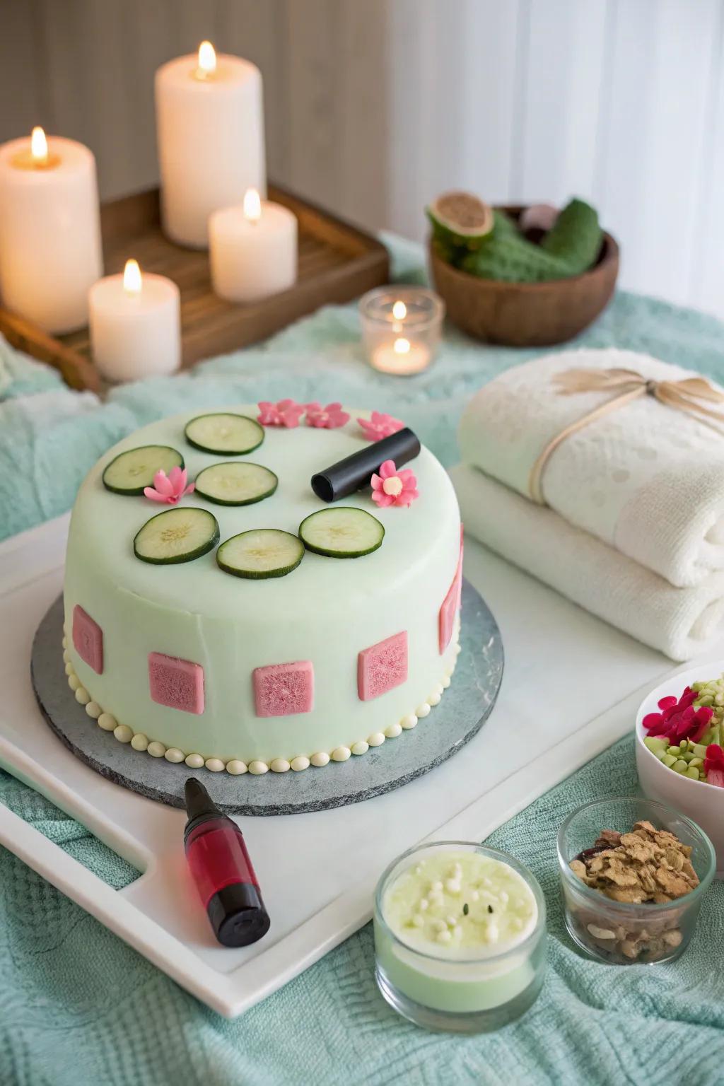 A chic spa-themed cake for a relaxing slumber party.
