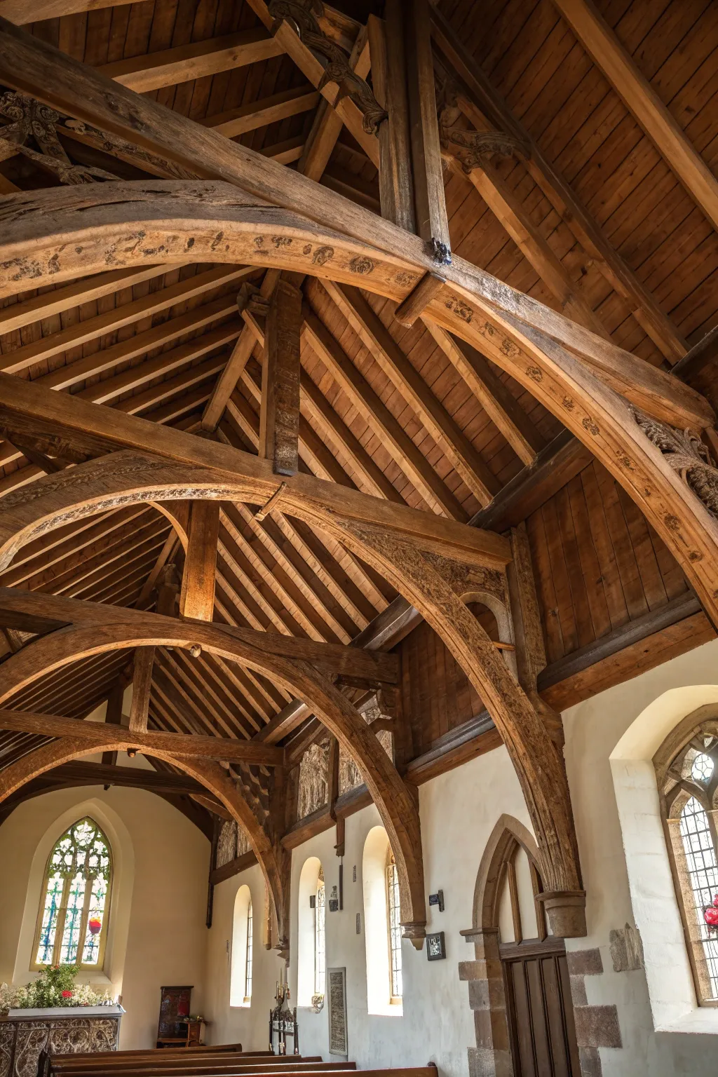 Revitalize your sacred space with the allure of exposed wood beams and rustic stone elements.
