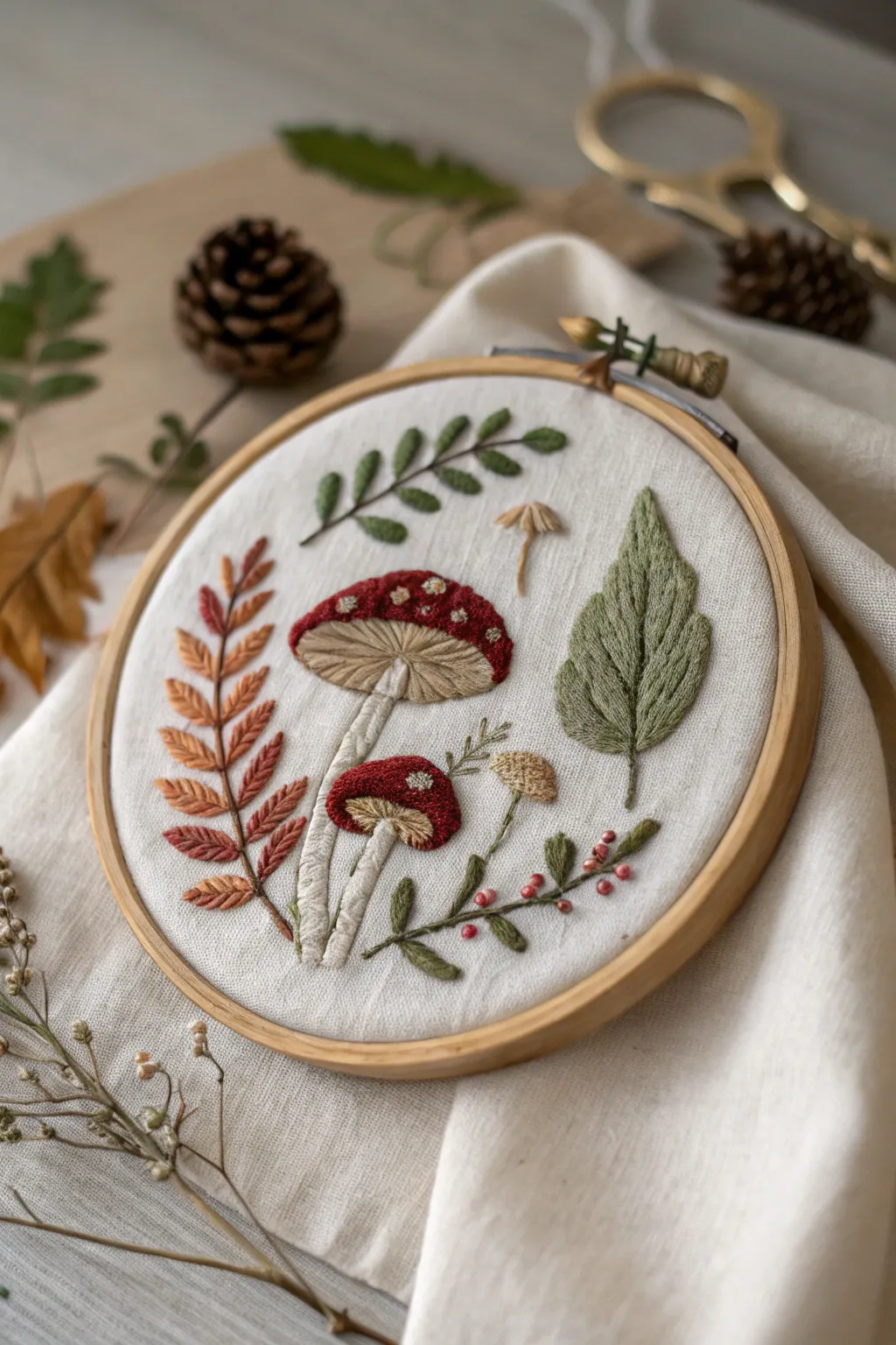 Embrace nature's beauty with delicate mushroom and leaf embroidery, a perfect blend of simplicity and elegance.