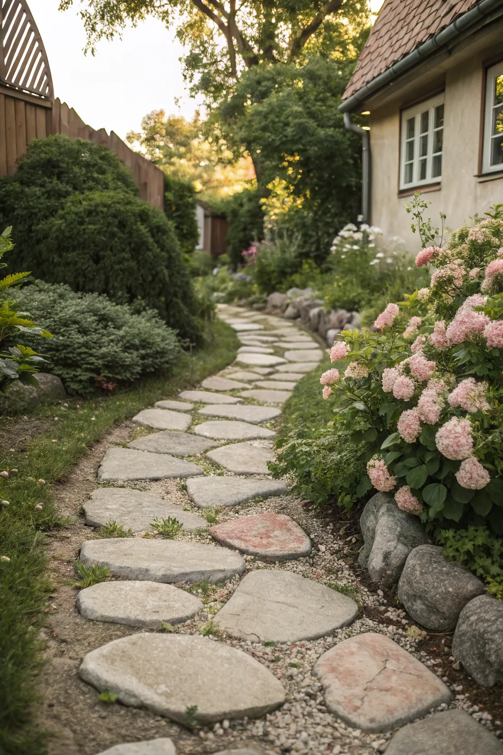 Wander through the charm of a French-inspired garden with this elegant stone pathway—where simplicity meets beauty.