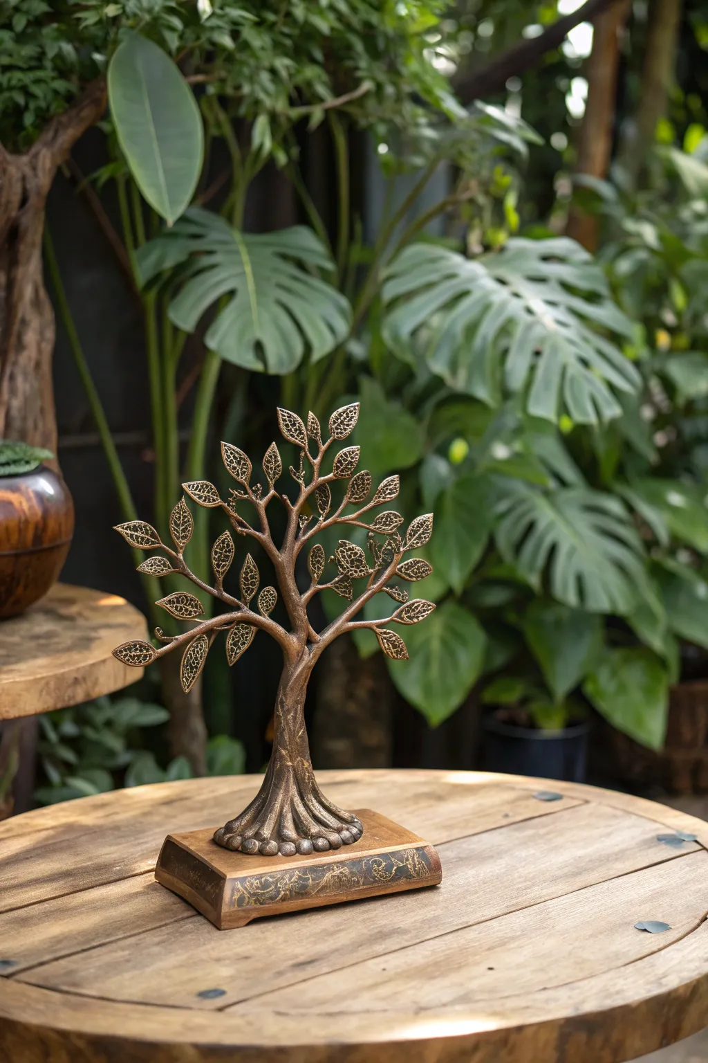 A bronze tree sculpture brings a touch of nature indoors.