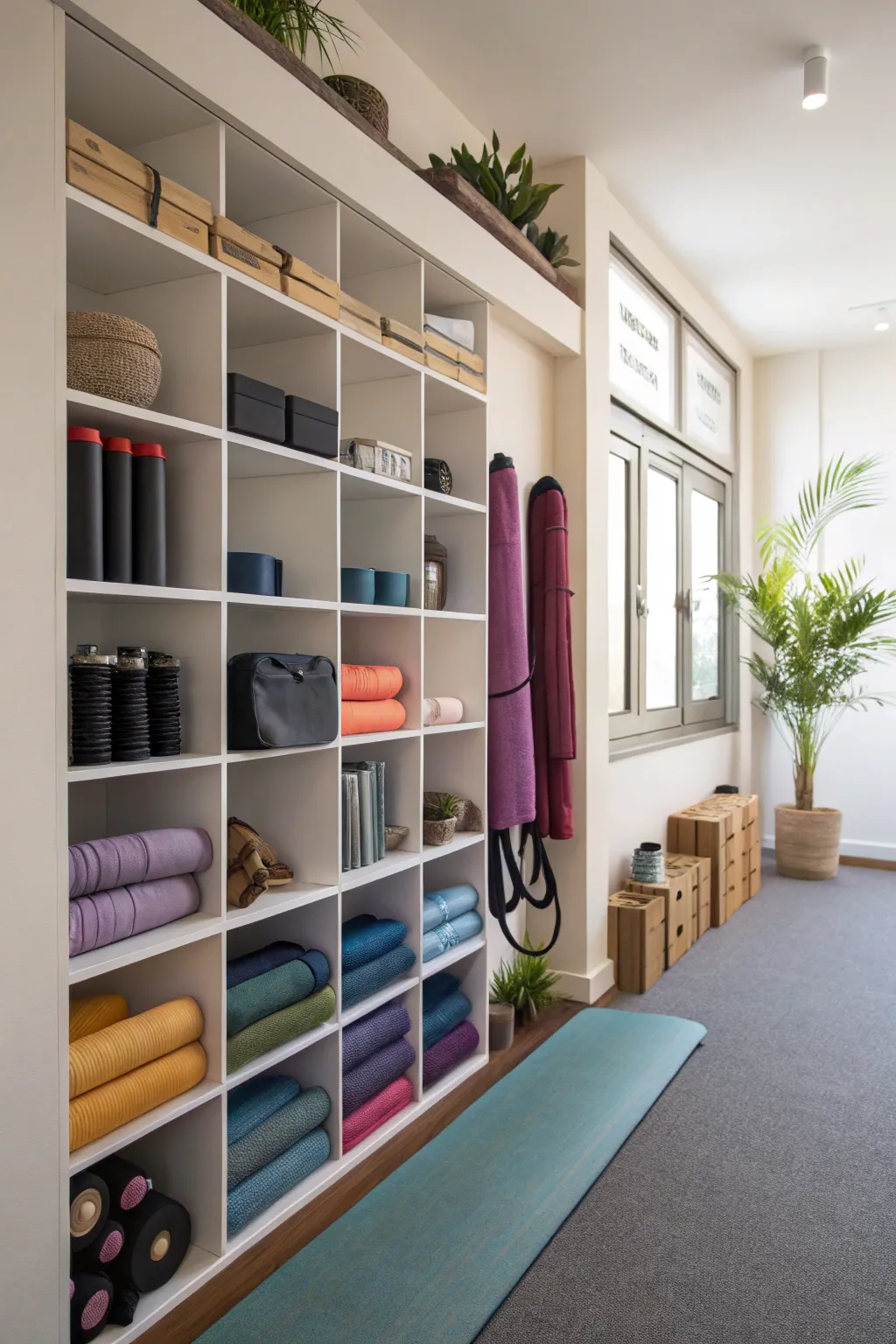 Smart storage solutions keep this yoga room tidy and functional.