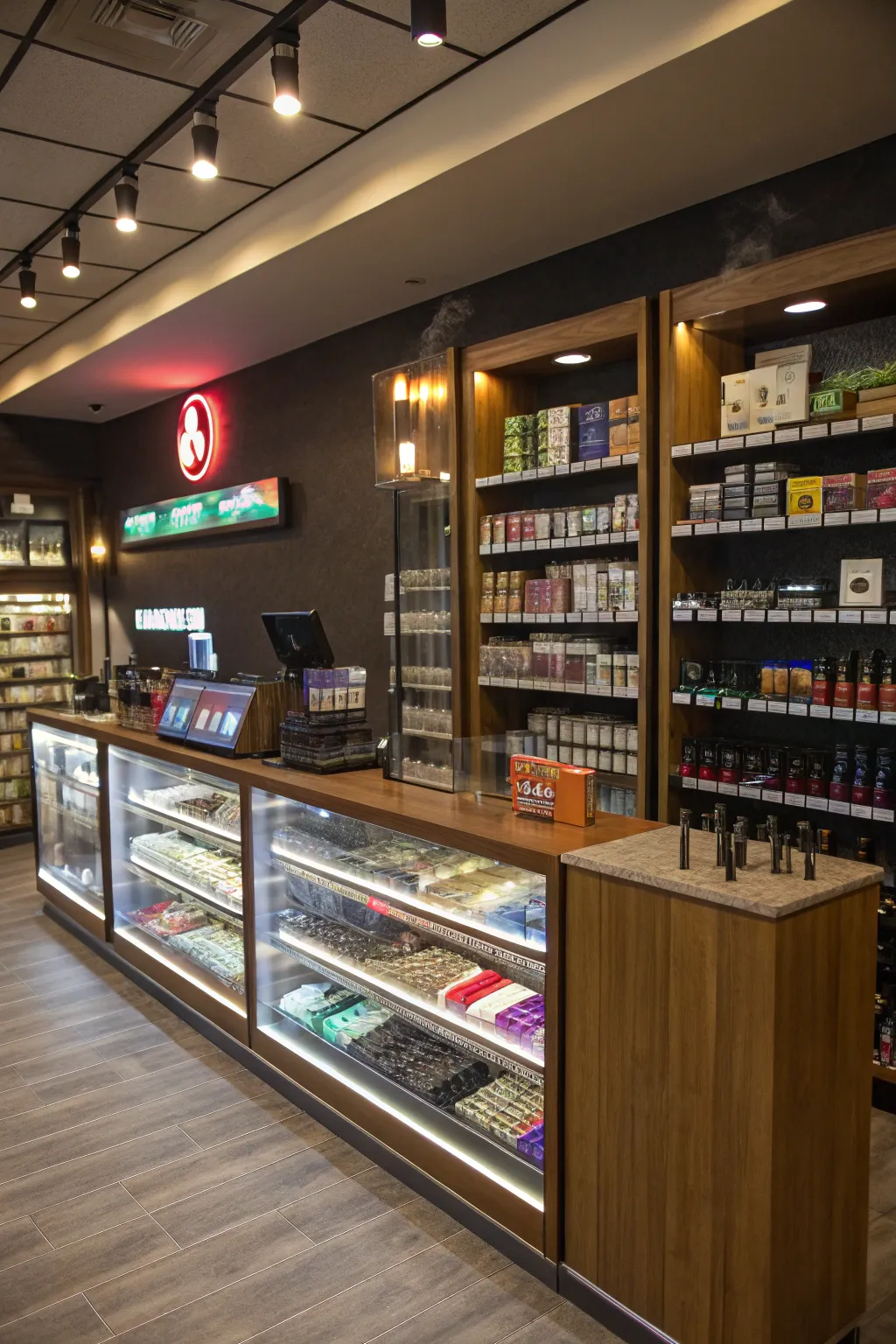 Modern lighting enhances the shop's atmosphere.