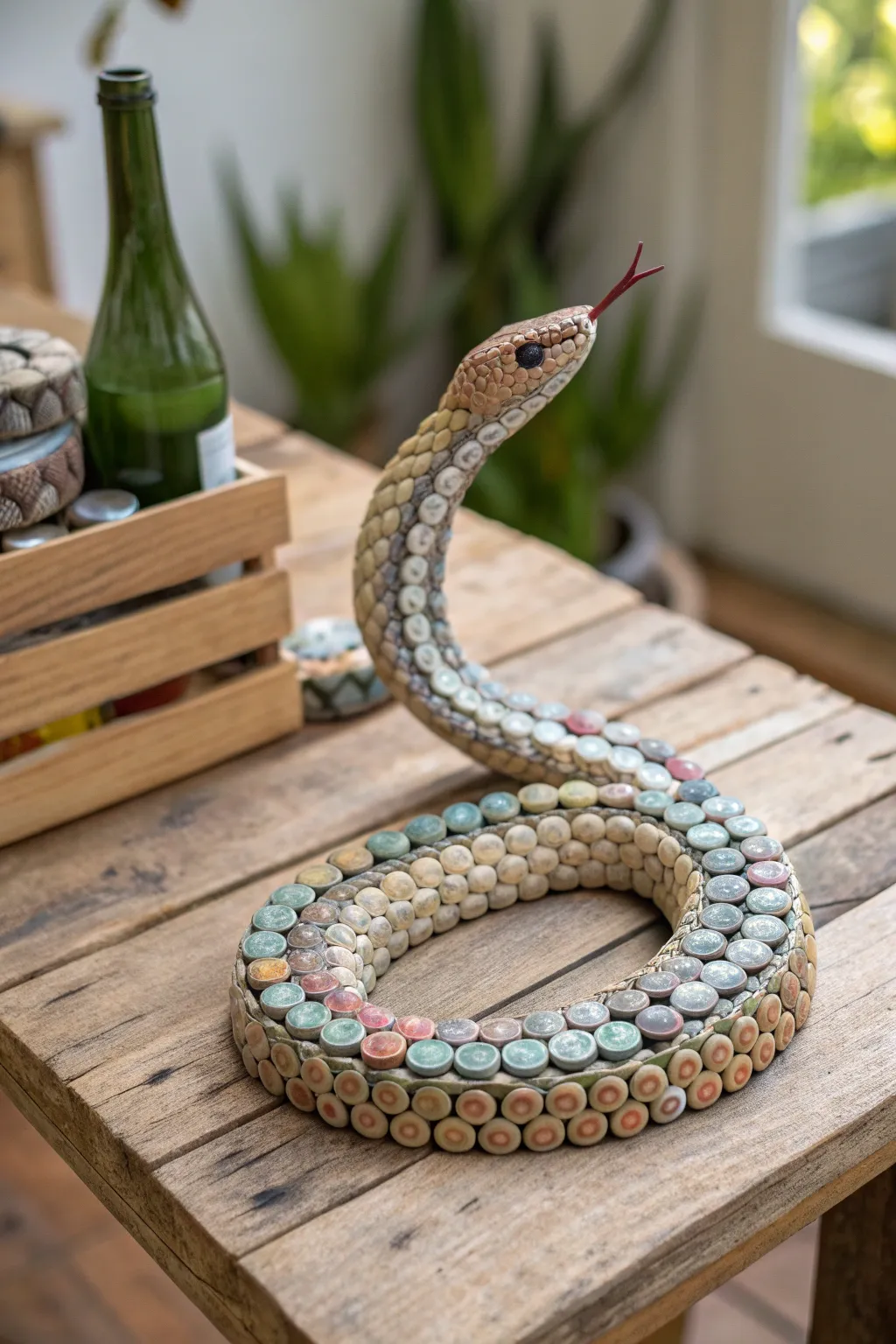 Transform everyday items into eco-friendly art with this stunning recycled bottle cap snake.