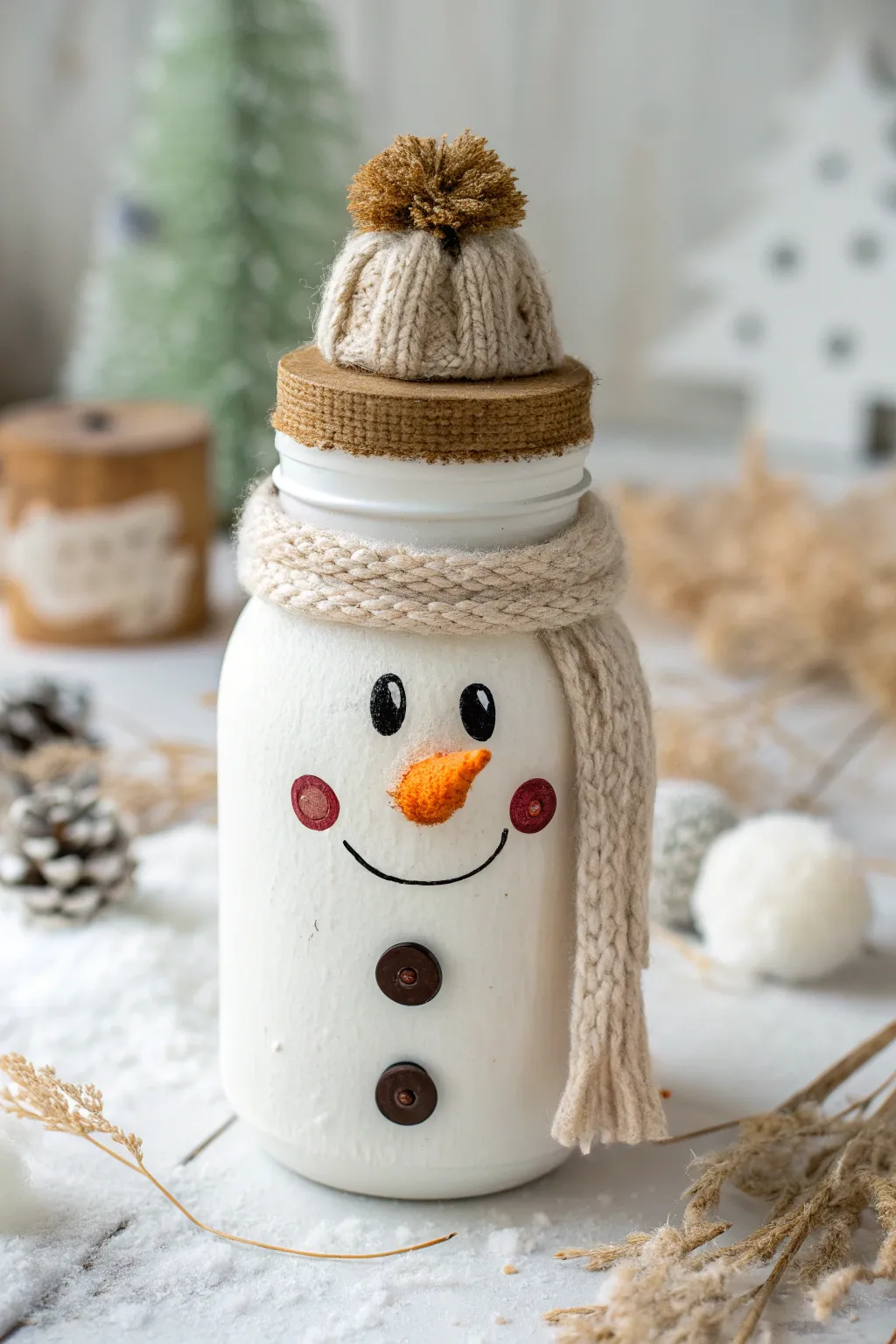Craft your own cozy snowman from a mason jar – the perfect blend of minimalism and boho charm for the holiday season!