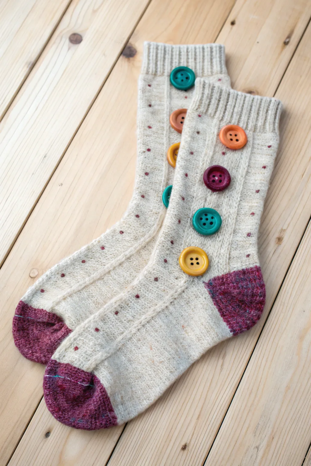 Add a playful twist to your socks with colorful, mismatched buttons for a touch of retro charm!