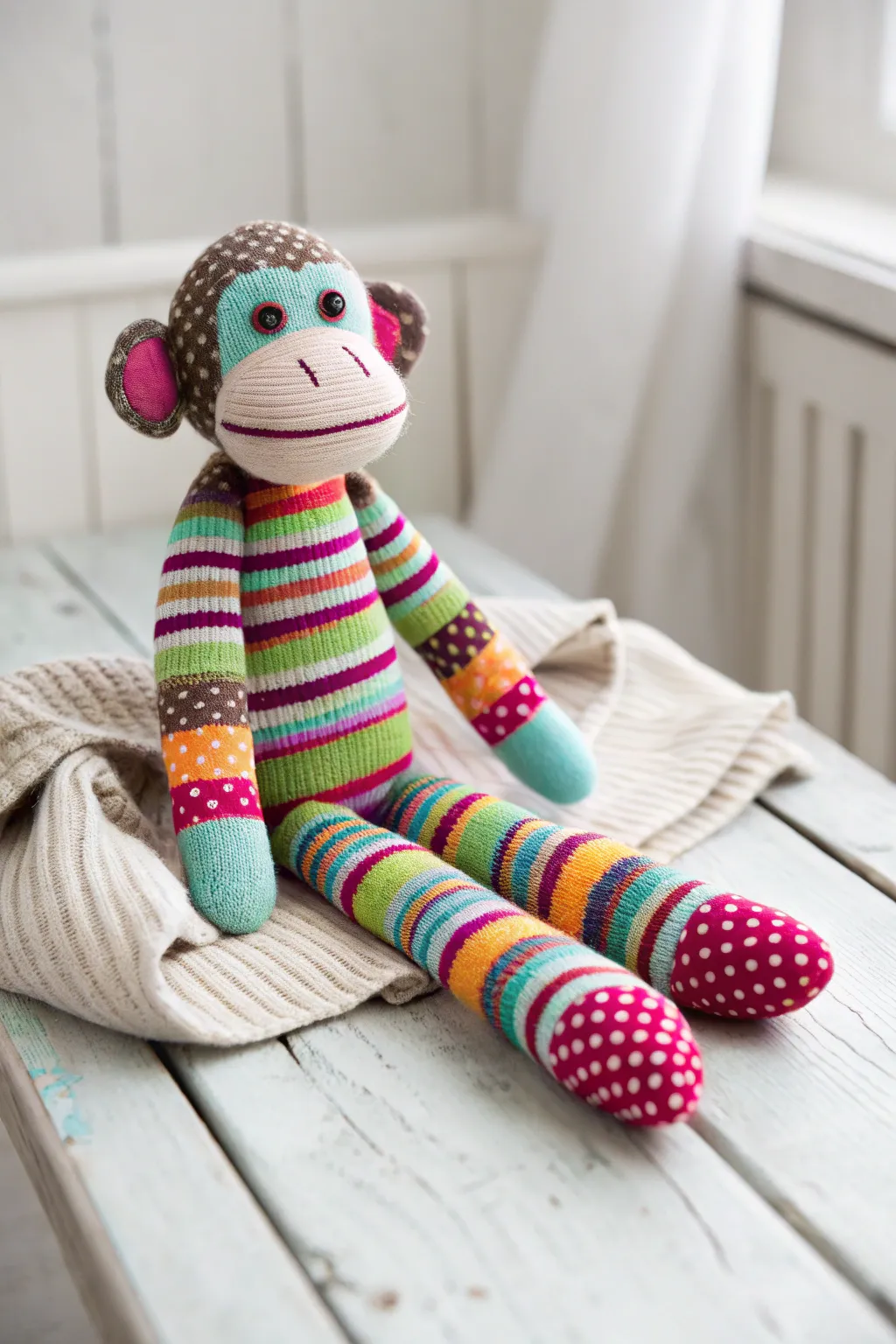 Add a splash of color with this charming patterned sock monkey, the perfect blend of playful and chic.