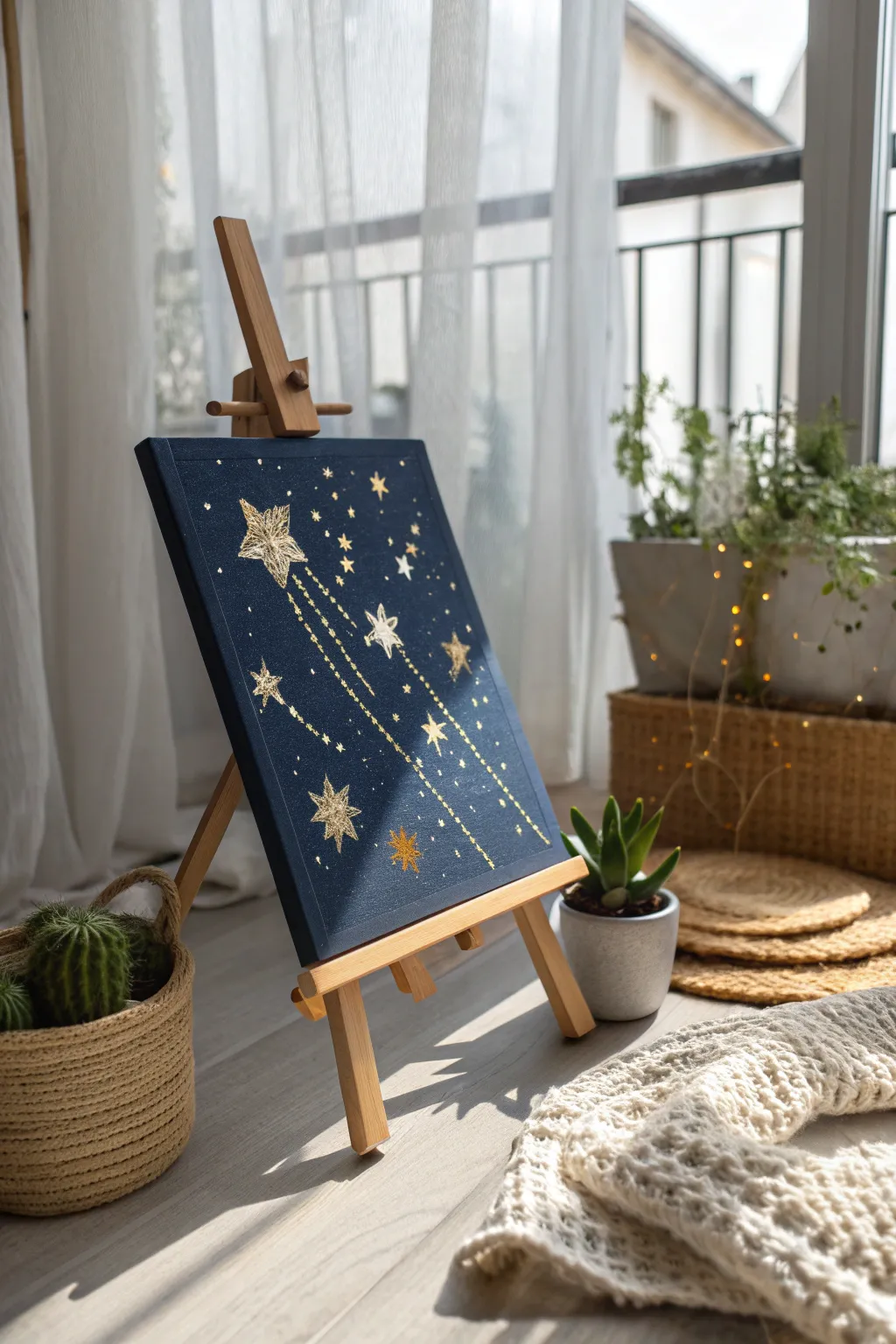 Capture the magic of the night with a minimalist starry sky painting, perfect for a touch of celestial charm in your home.