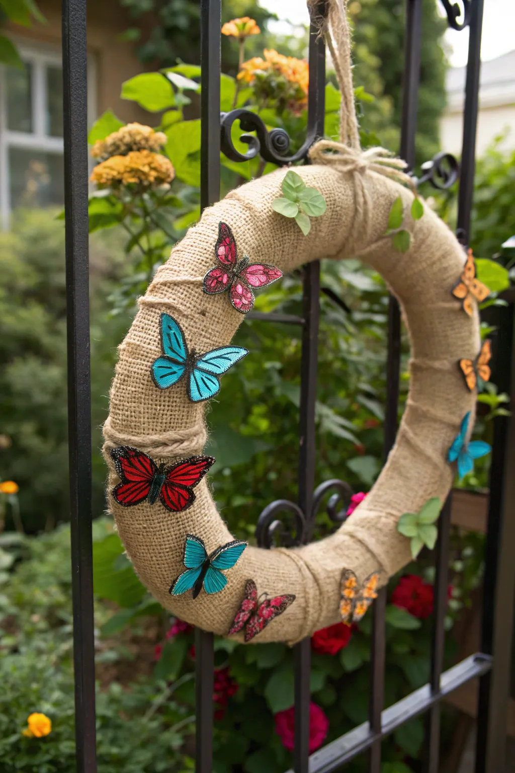 Butterflies add whimsical flair to this spring burlap wreath.