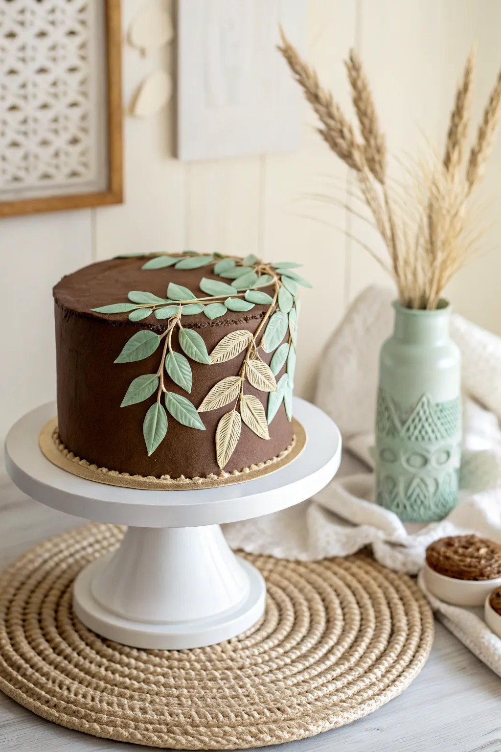 Embrace the essence of spring with this enchanting chocolate cake adorned with fondant leaves, a perfect blend of minimalist and Boho charm.